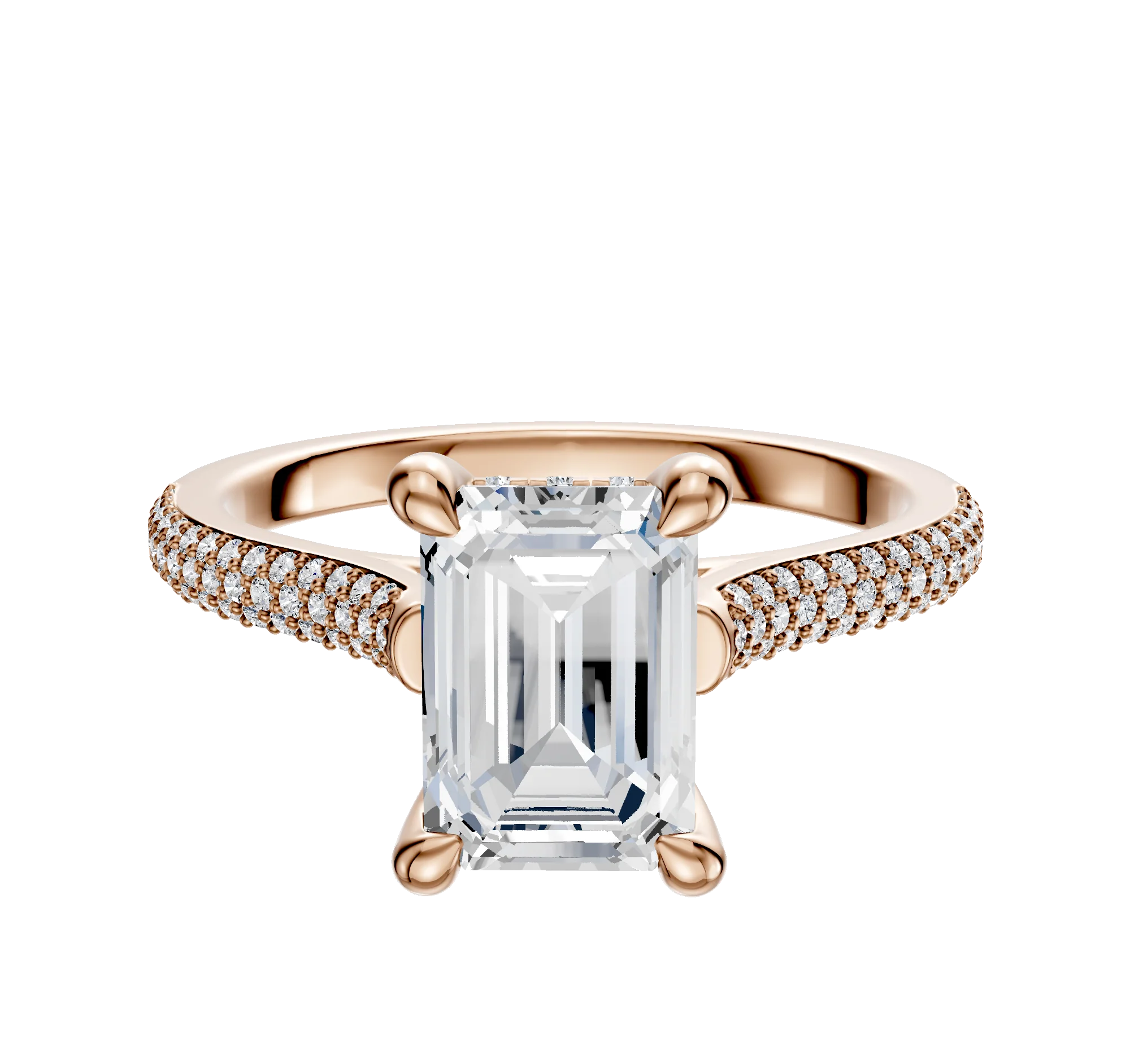 14K Rose Gold 4 Prong Hidden Halo Cathedral Dome 3-Row-Pave 2.0mm Engagement Ring