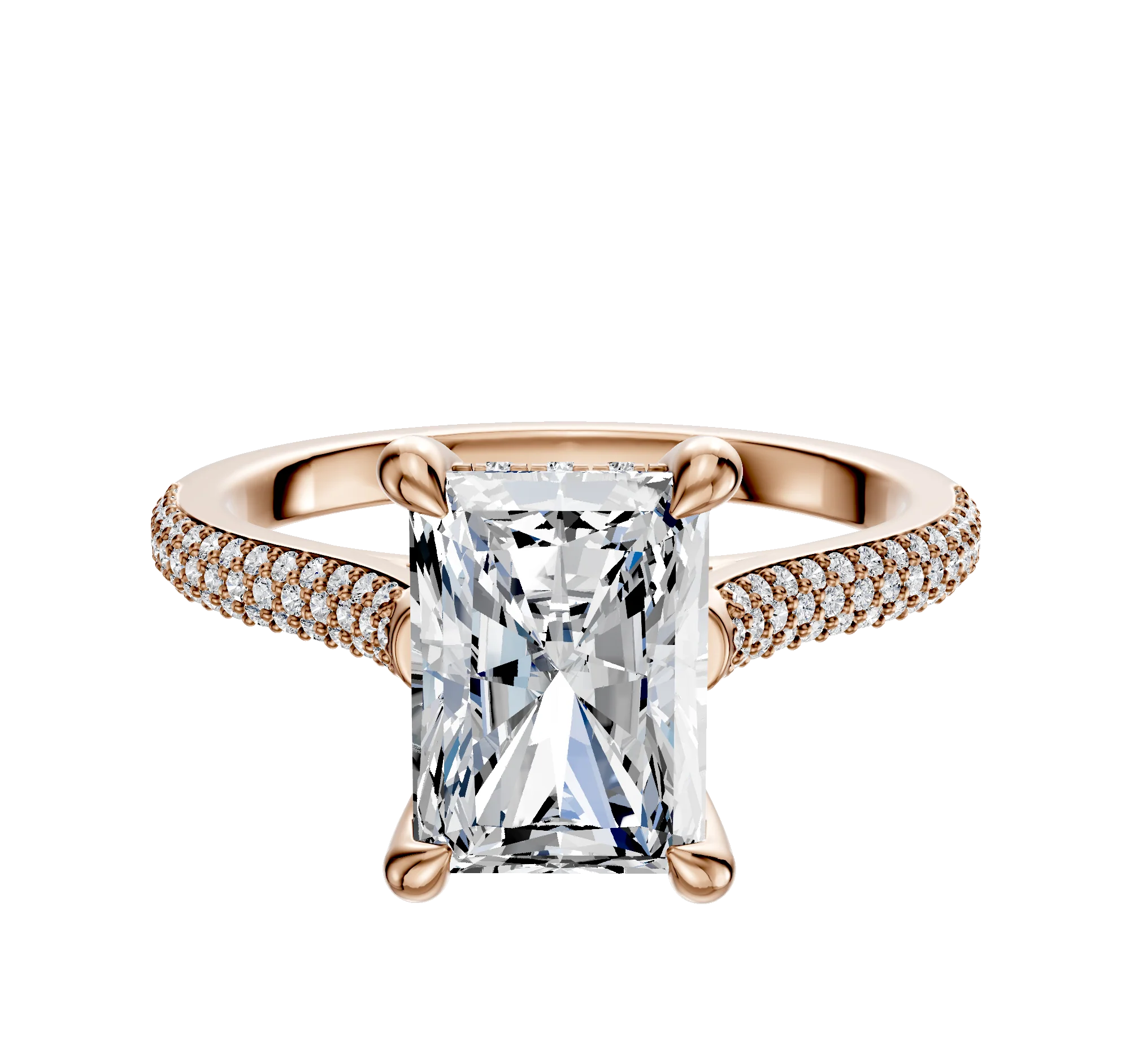 14K Rose Gold 4 Prong Hidden Halo Cathedral Dome 3-Row-Pave 2.0mm Engagement Ring
