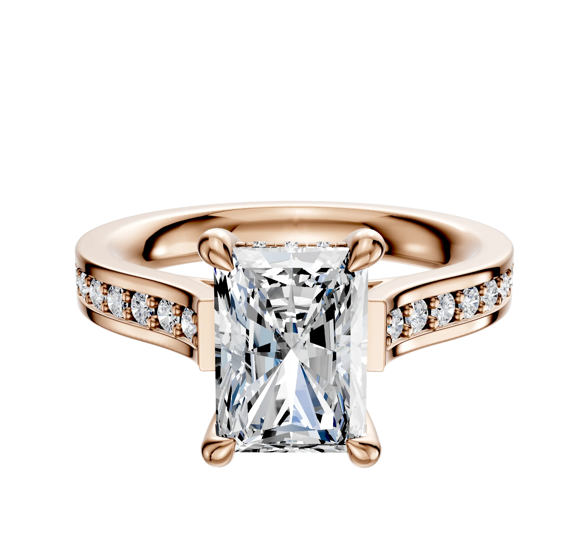 14K Rose Gold 4 Prong Hidden Halo Cathedral Flat 1-Row-Pave 2.5mm Engagement Ring