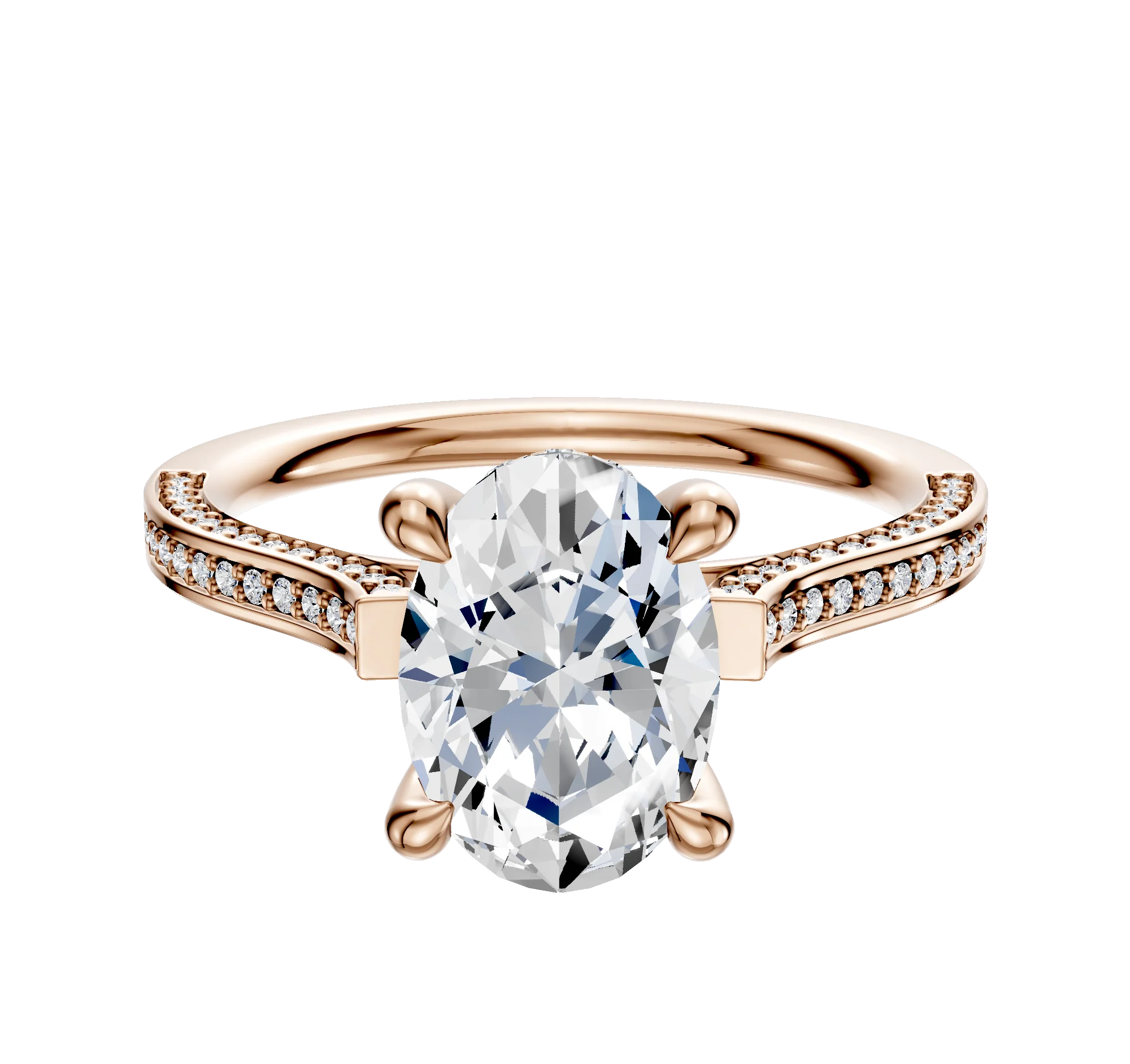 14K Rose Gold 4 Prong Hidden Halo Cathedral Flat 3-Row-Pave 2.0mm Engagement Ring
