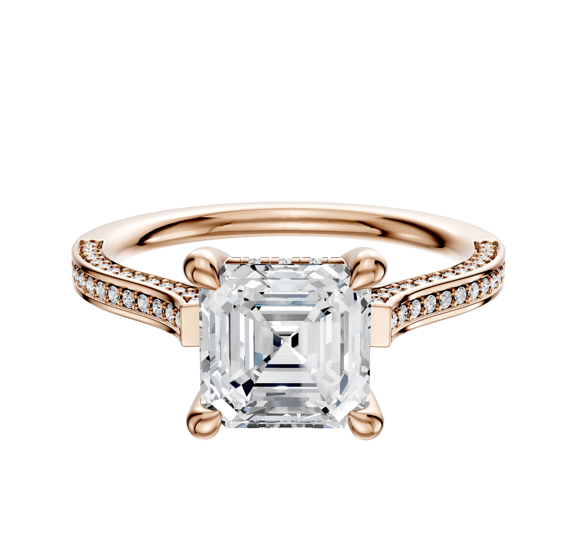 14K Rose Gold 4 Prong Hidden Halo Cathedral Flat 3-Row-Pave 2.0mm Engagement Ring