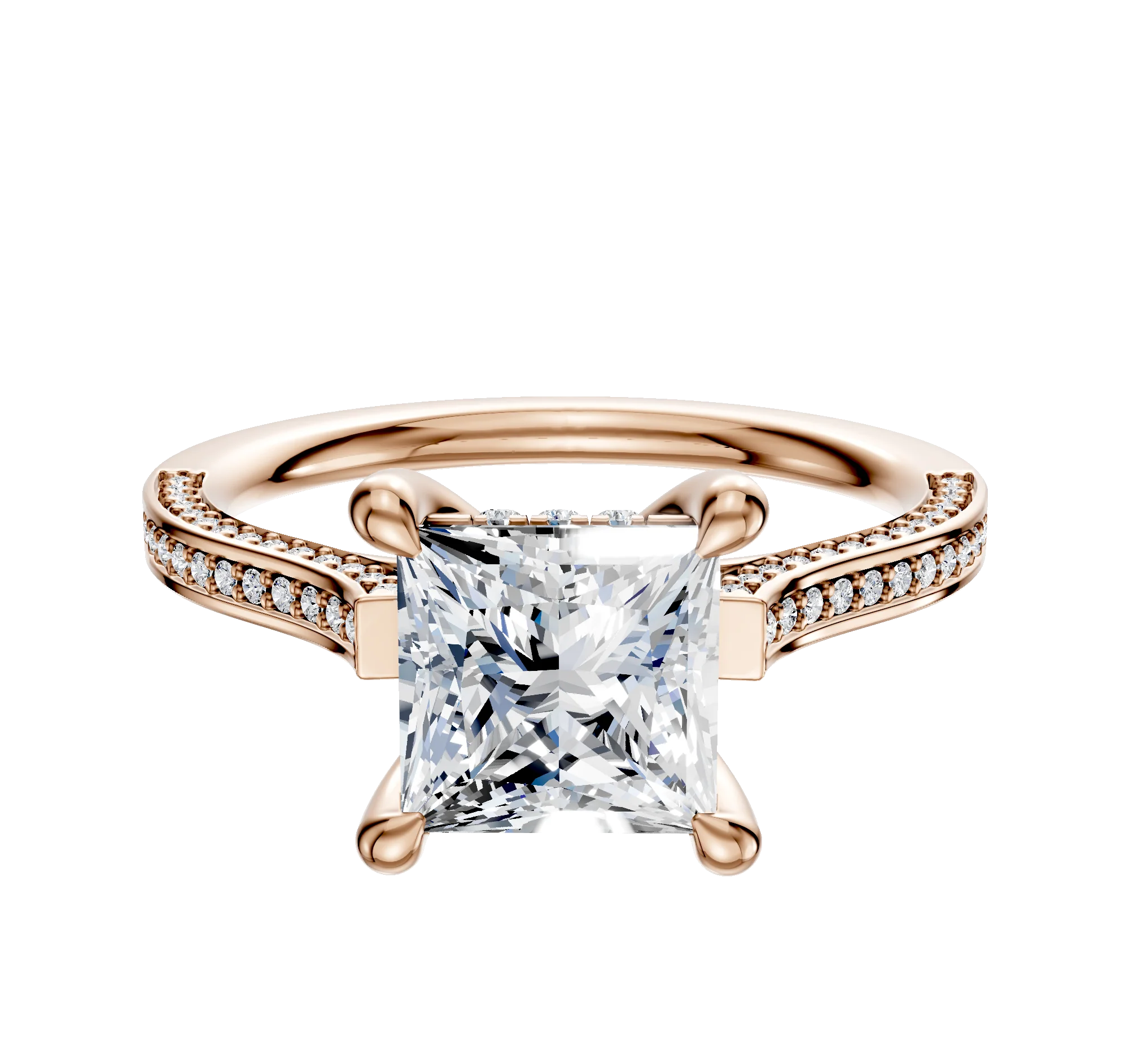 14K Rose Gold 4 Prong Hidden Halo Cathedral Flat 3-Row-Pave 2.0mm Engagement Ring
