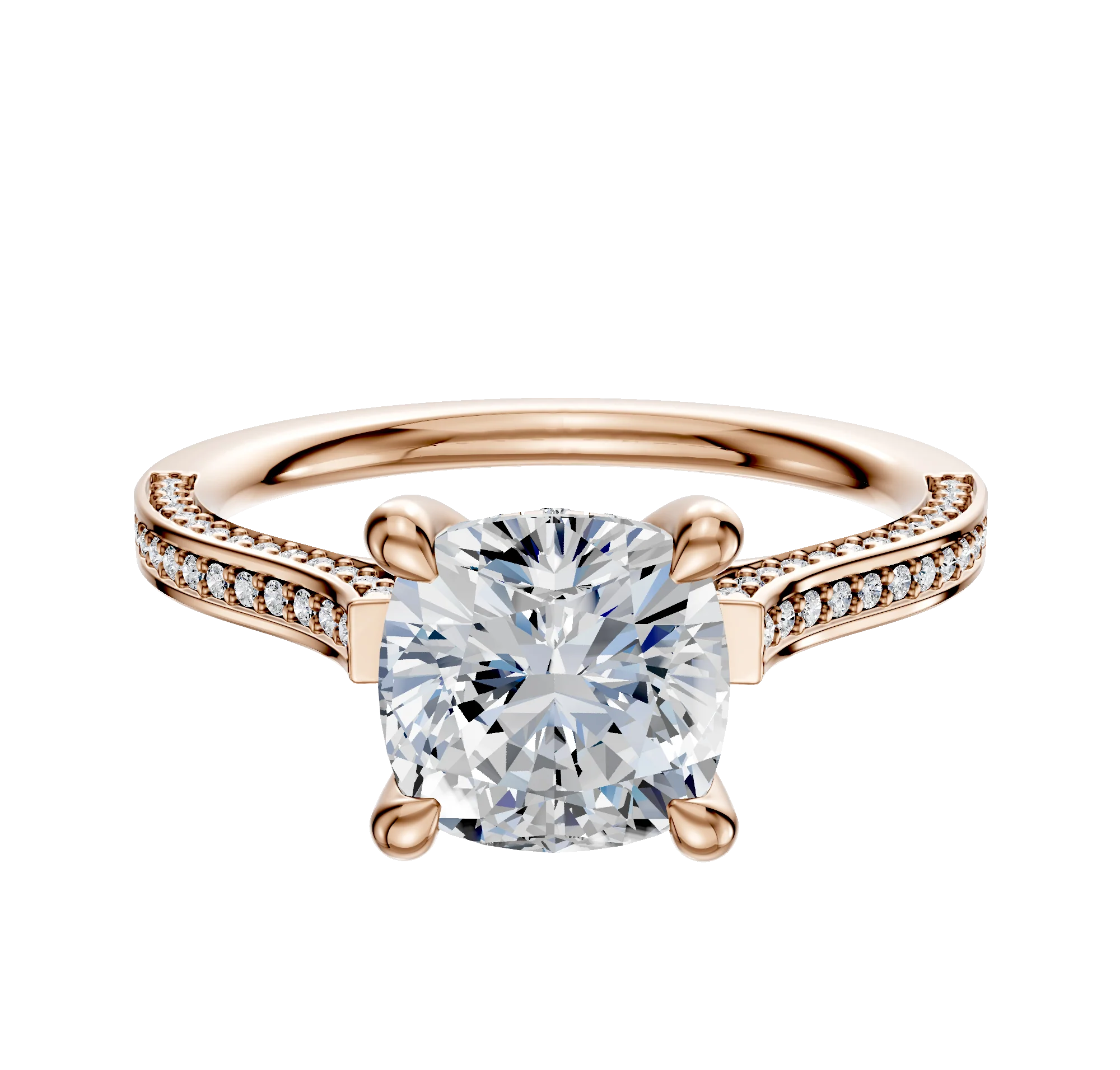 14K Rose Gold 4 Prong Hidden Halo Cathedral Flat 3-Row-Pave 2.0mm Engagement Ring