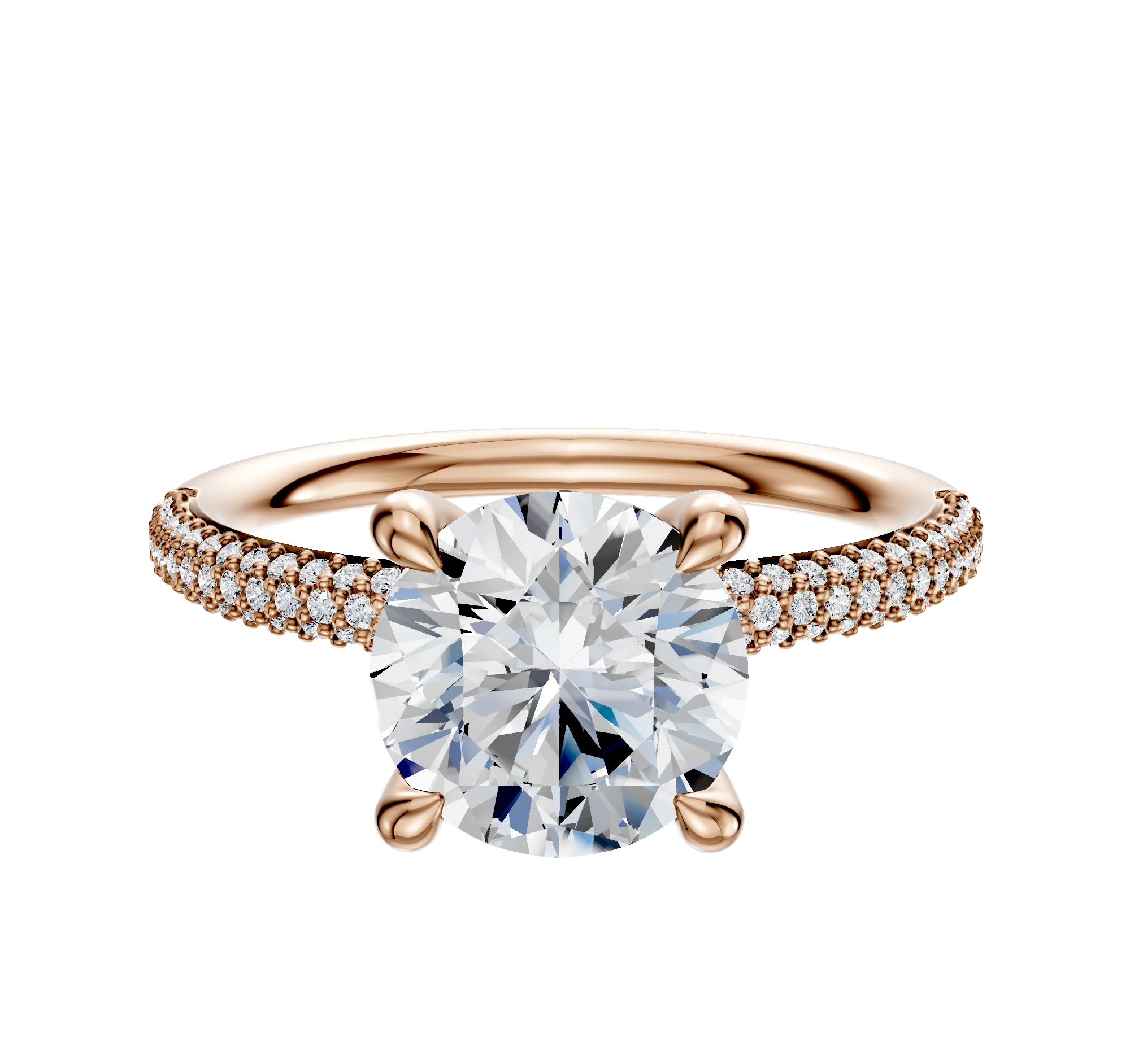 14K Rose Gold 4 Prong Hidden Halo Classic Dome 3-Row-Pave 2.0mm Engagement Ring