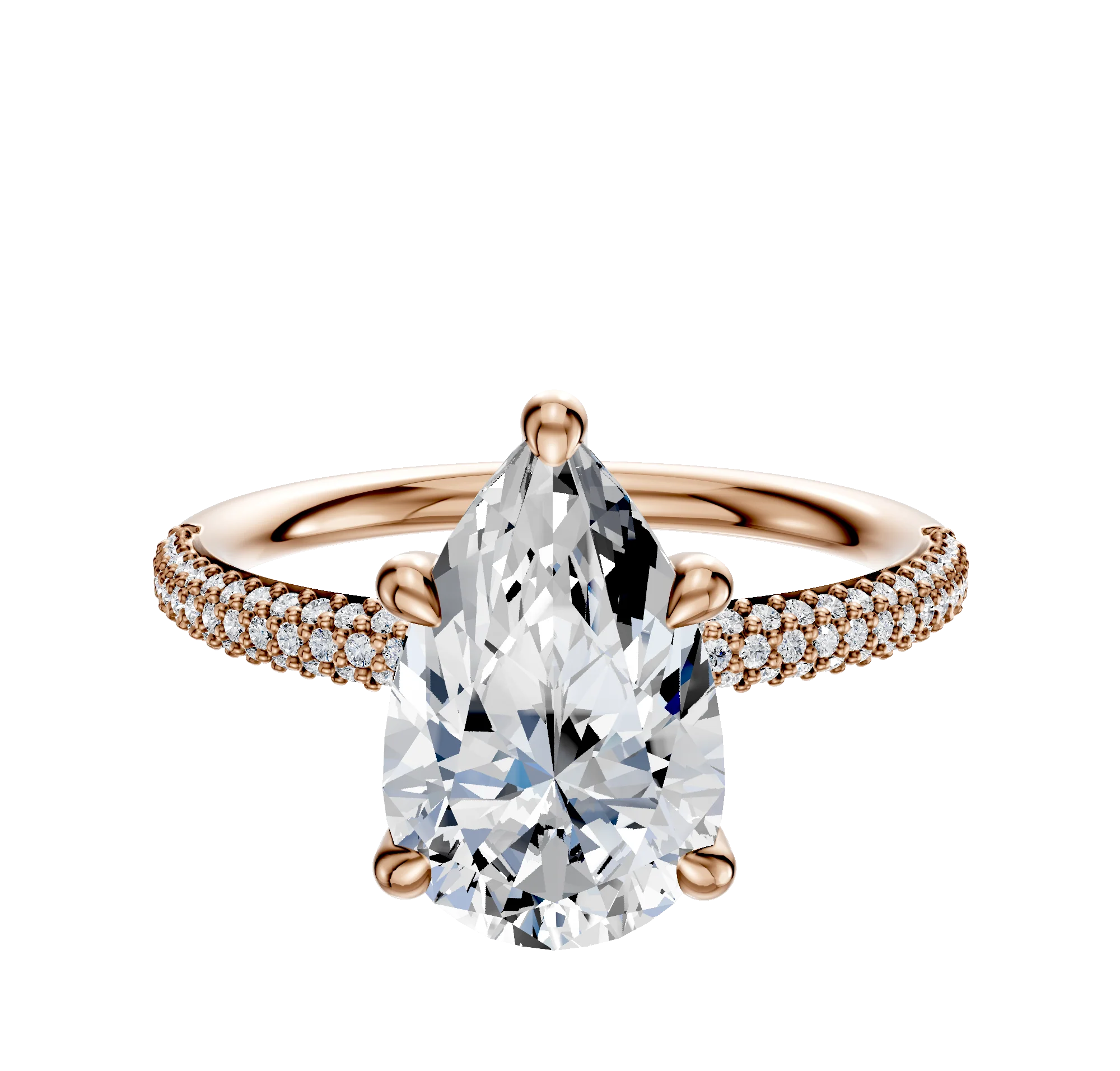 14K Rose Gold 4 Prong Hidden Halo Classic Dome 3-Row-Pave 2.0mm Engagement Ring