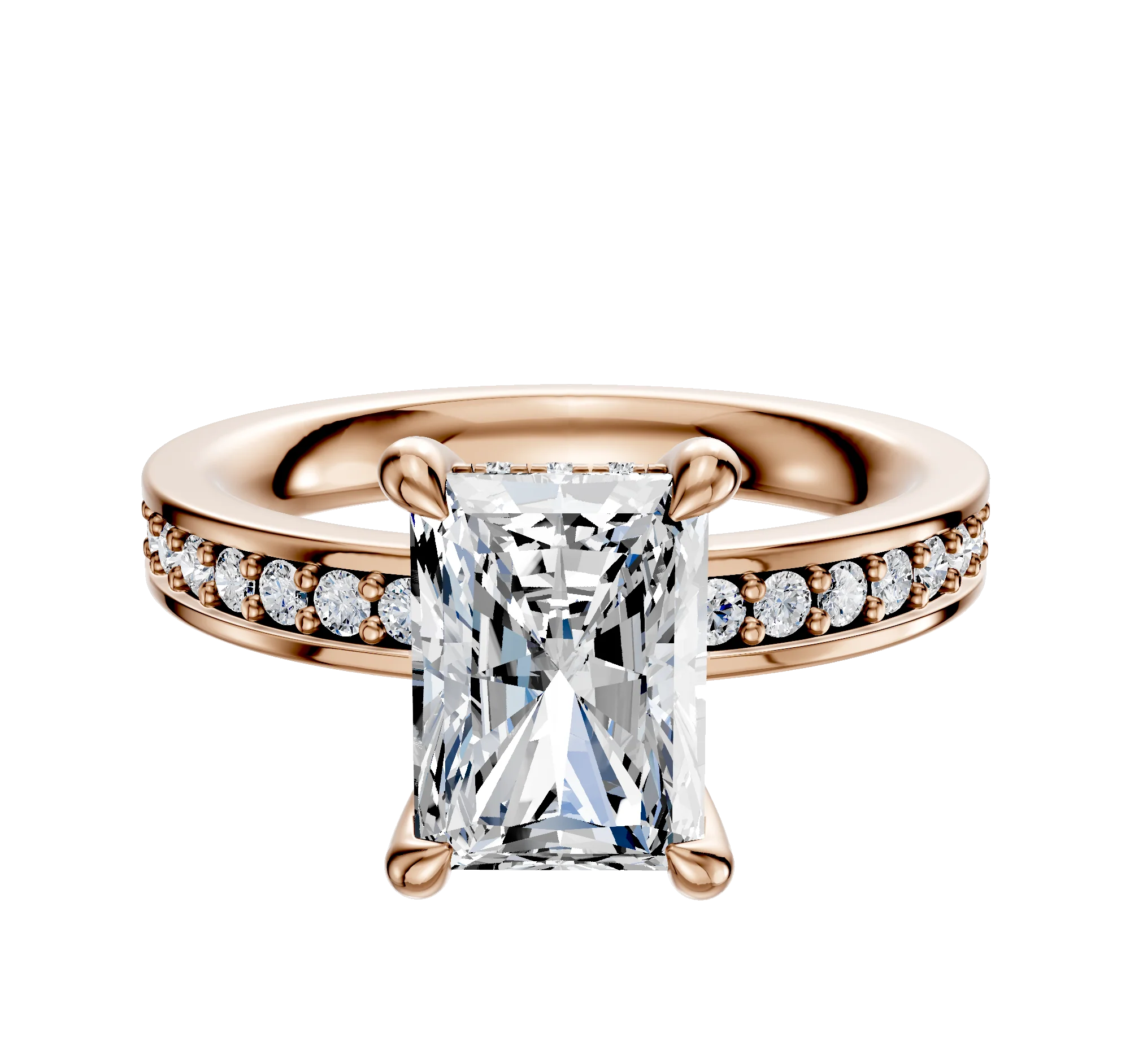 14K Rose Gold 4 Prong Hidden Halo Classic Flat 1-Row-Pave 2.5mm Engagement Ring