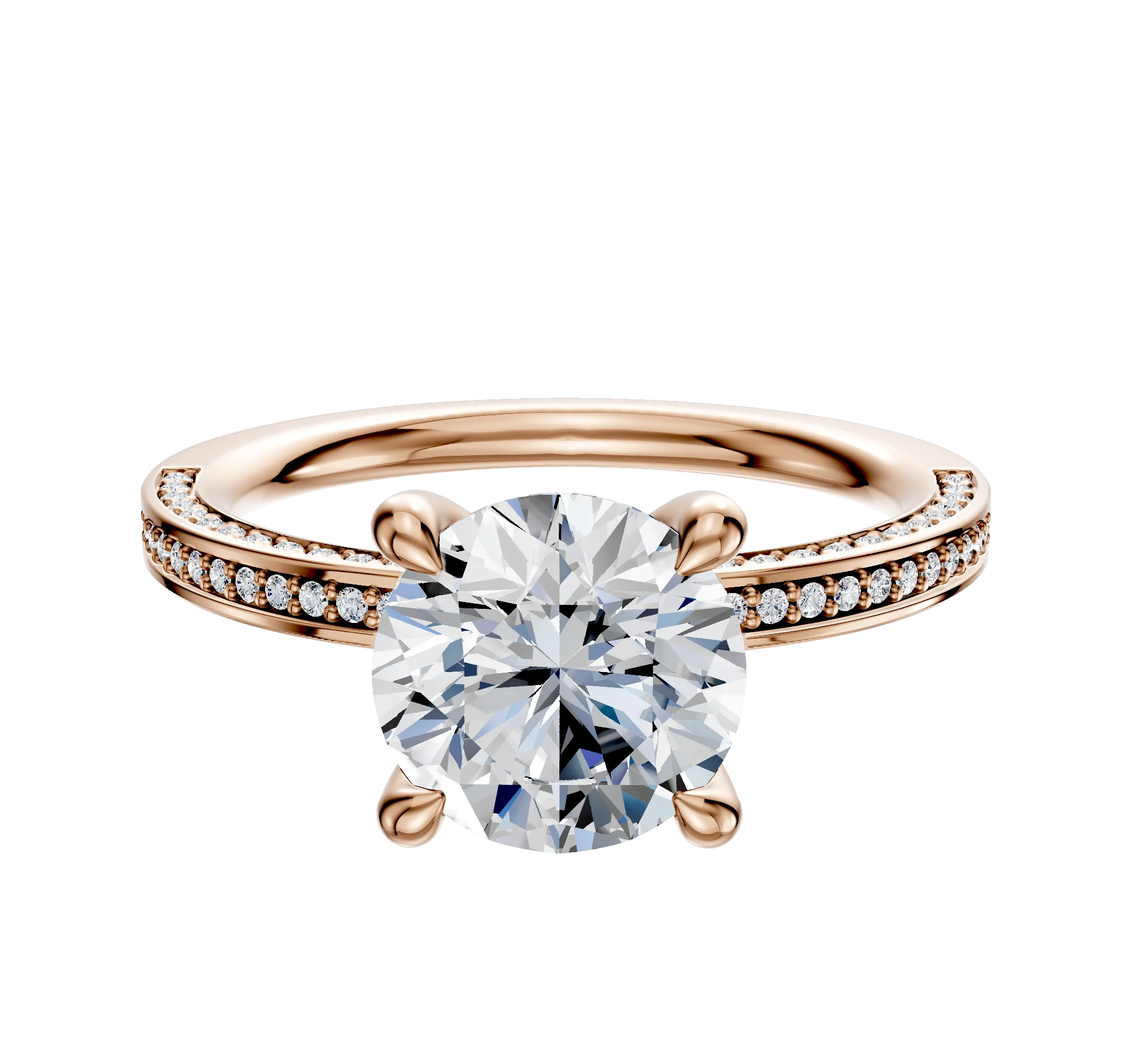 14K Rose Gold 4 Prong Hidden Halo Classic Flat 3-Row-Pave 2.0mm Engagement Ring