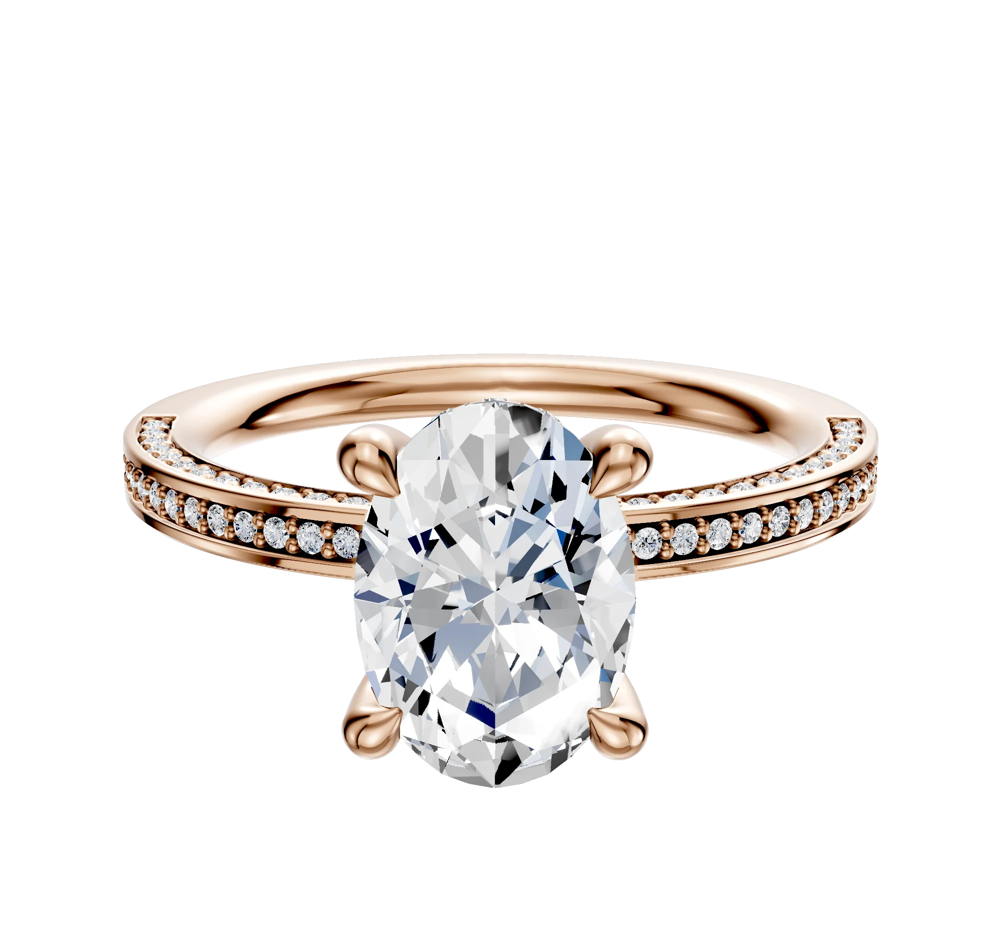 14K Rose Gold 4 Prong Hidden Halo Classic Flat 3-Row-Pave 2.0mm Engagement Ring