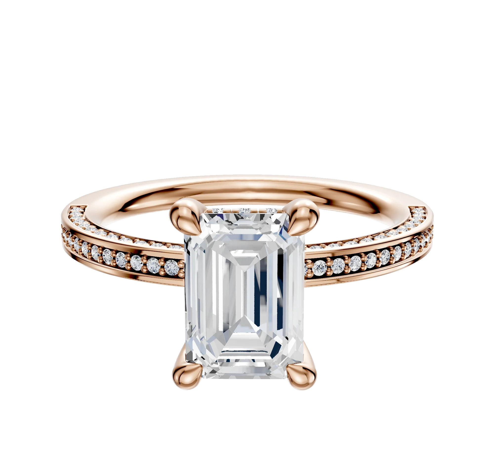 14K Rose Gold 4 Prong Hidden Halo Classic Flat 3-Row-Pave 2.0mm Engagement Ring