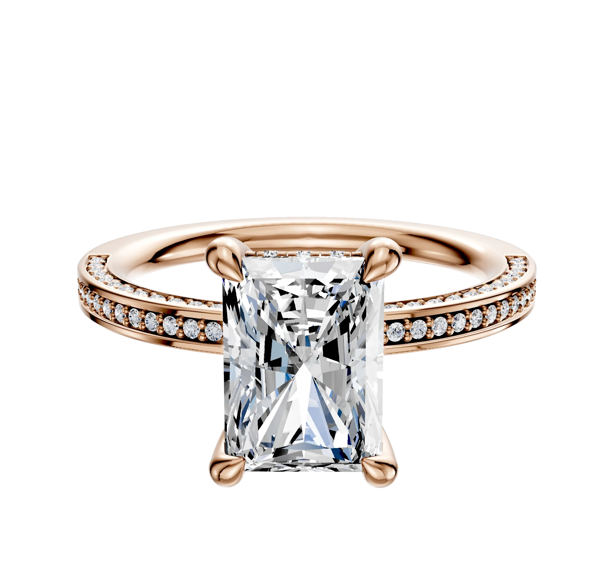 14K Rose Gold 4 Prong Hidden Halo Classic Flat 3-Row-Pave 2.0mm Engagement Ring
