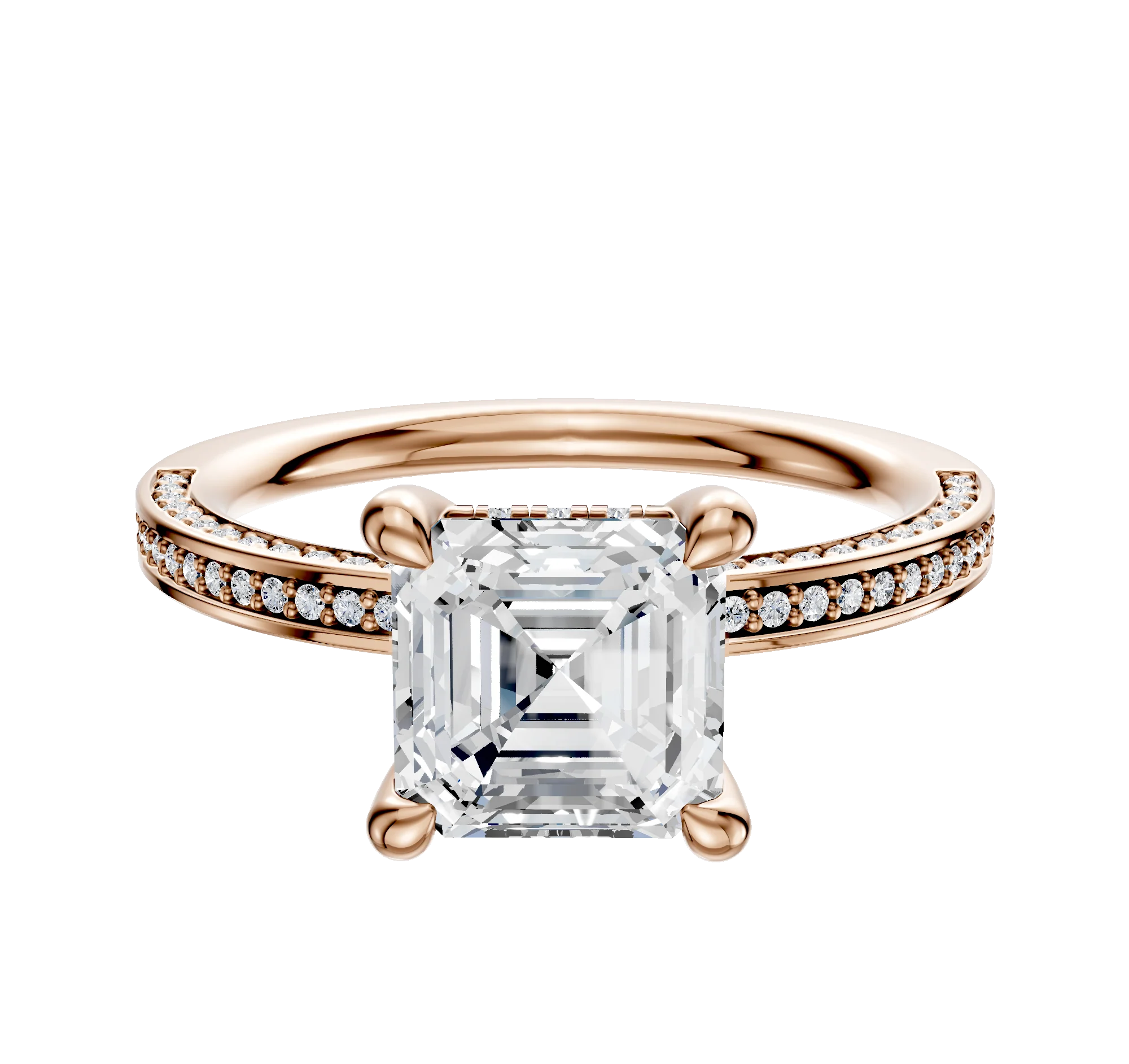 14K Rose Gold 4 Prong Hidden Halo Classic Flat 3-Row-Pave 2.0mm Engagement Ring