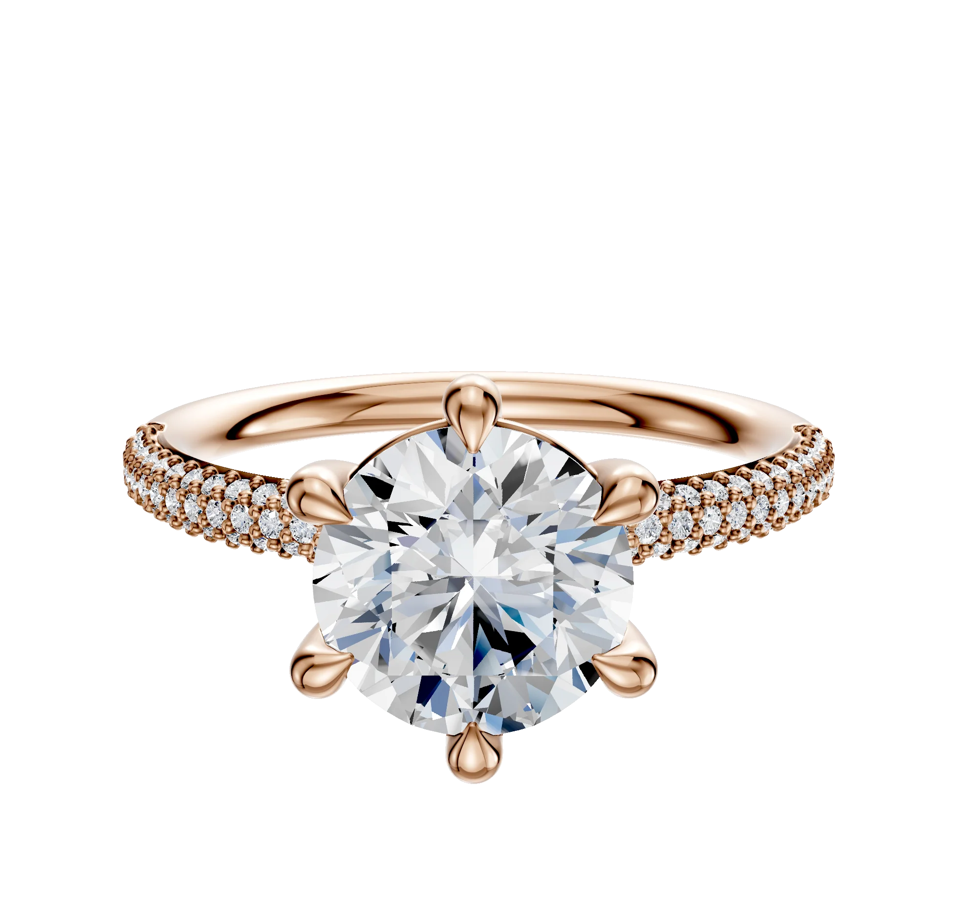 14K Rose Gold 6 Prong Basket Classic Dome 3-Row-Pave 2.0mm Engagement Ring