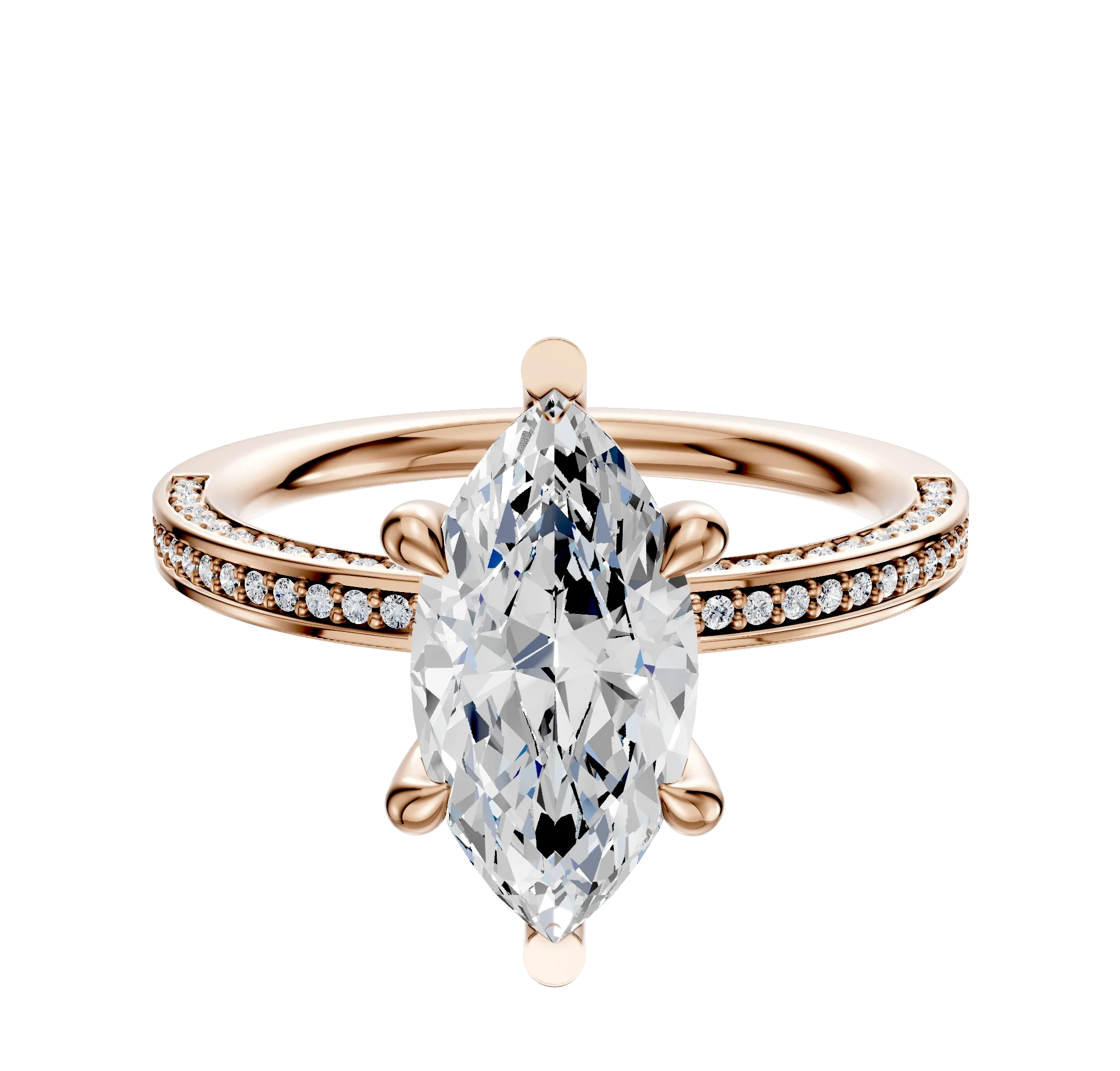 14K Rose Gold 6 Prong Basket Classic Flat 3-Row-Pave 2.0mm Engagement Ring