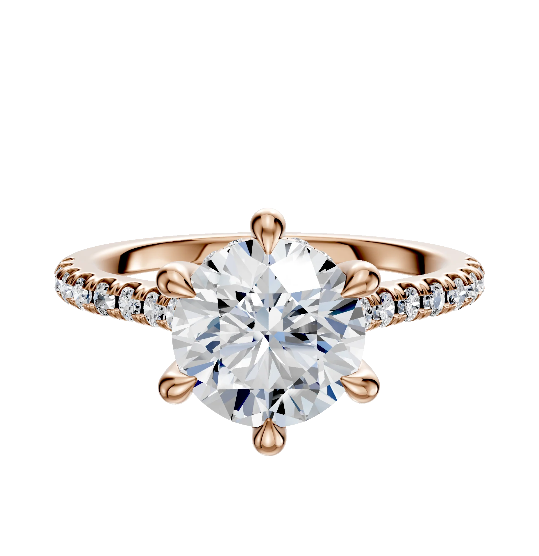 14K Rose Gold 6 Prong Hidden Halo Cathedral Dome 1-Row-Pave 2.5mm Engagement Ring