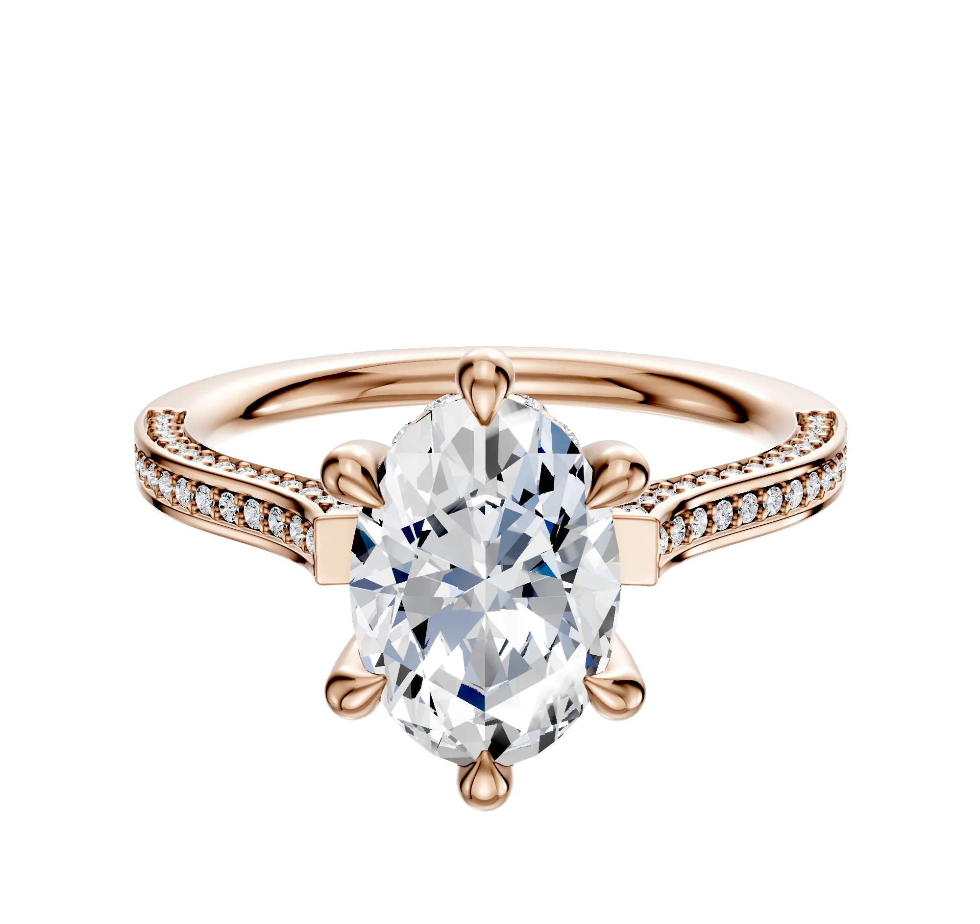 14K Rose Gold 6 Prong Hidden Halo Cathedral Flat 3-Row-Pave 2.0mm Engagement Ring