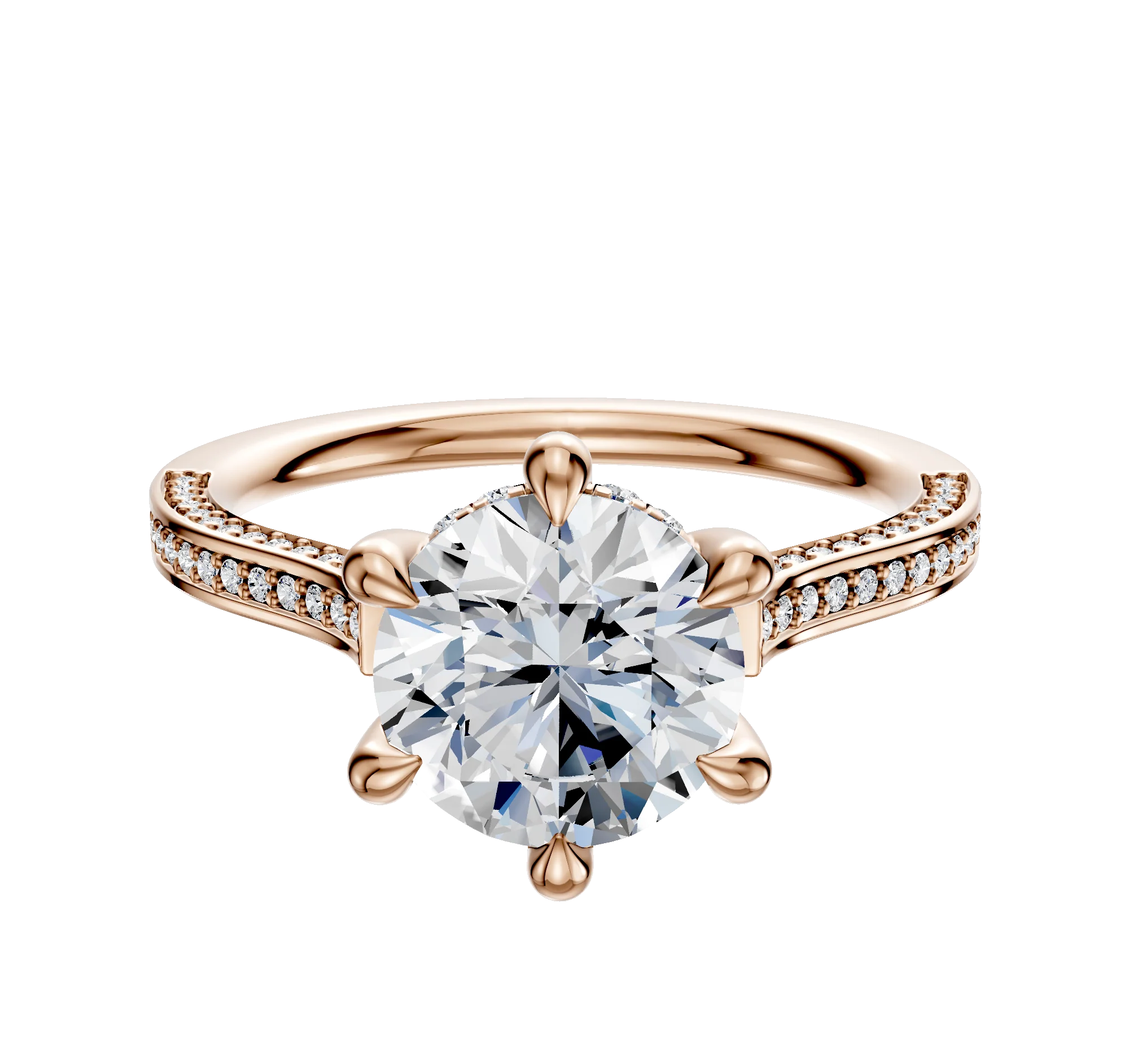 14K Rose Gold 6 Prong Hidden Halo Cathedral Flat 3-Row-Pave 2.0mm Engagement Ring