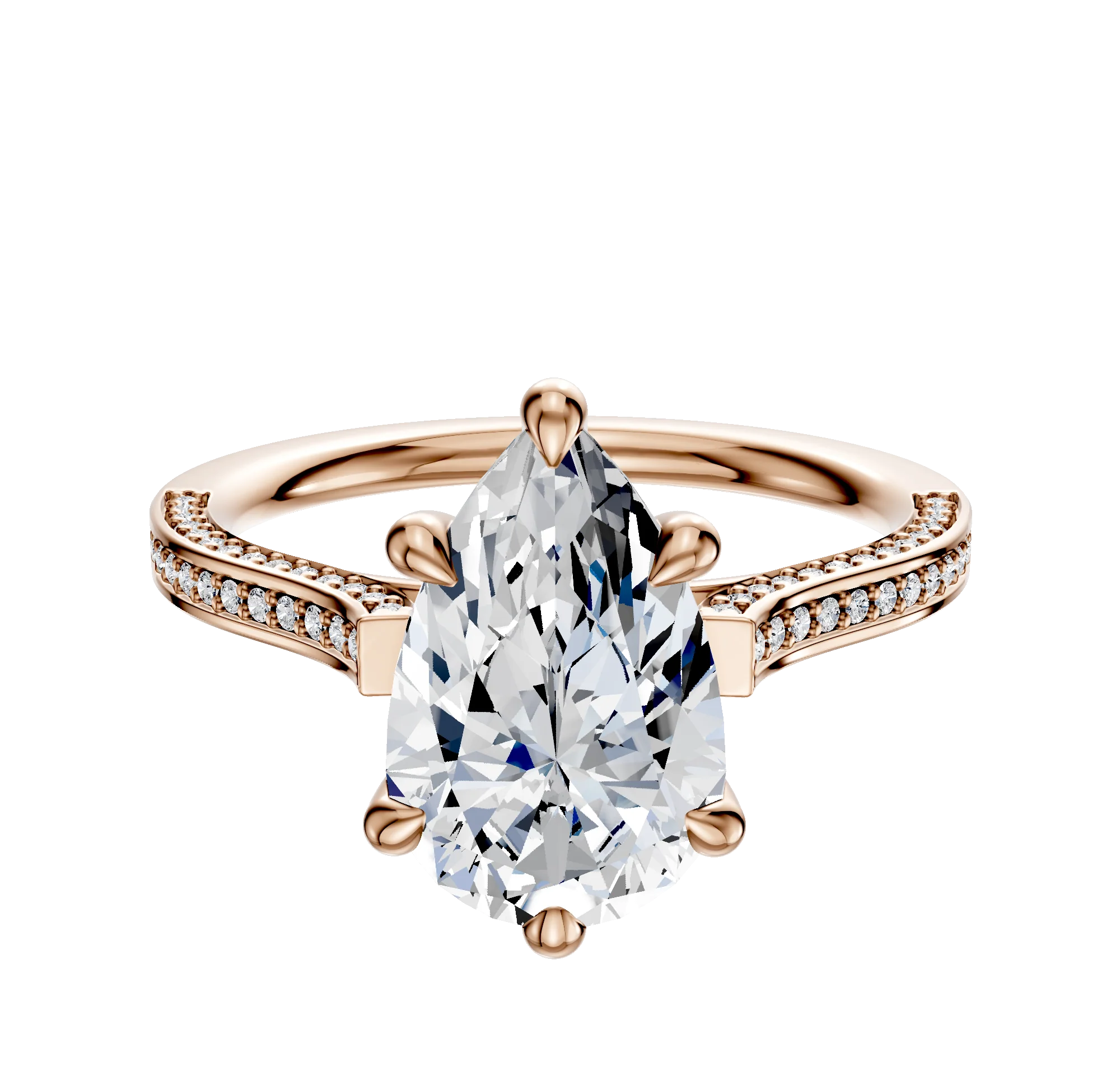 14K Rose Gold 6 Prong Hidden Halo Cathedral Flat 3-Row-Pave 2.0mm Engagement Ring