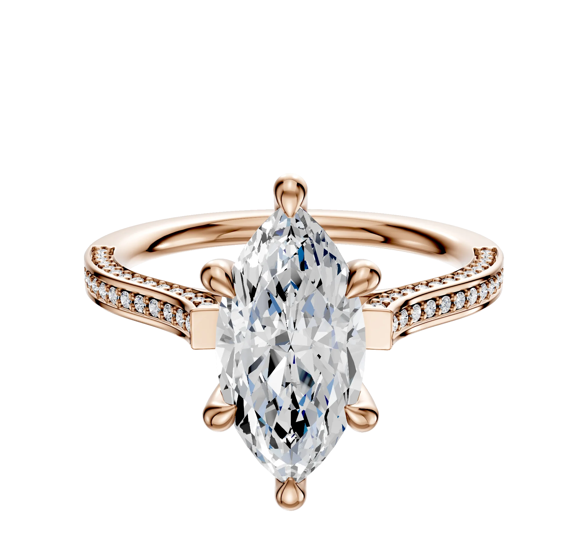 14K Rose Gold 6 Prong Hidden Halo Cathedral Flat 3-Row-Pave 2.0mm Engagement Ring
