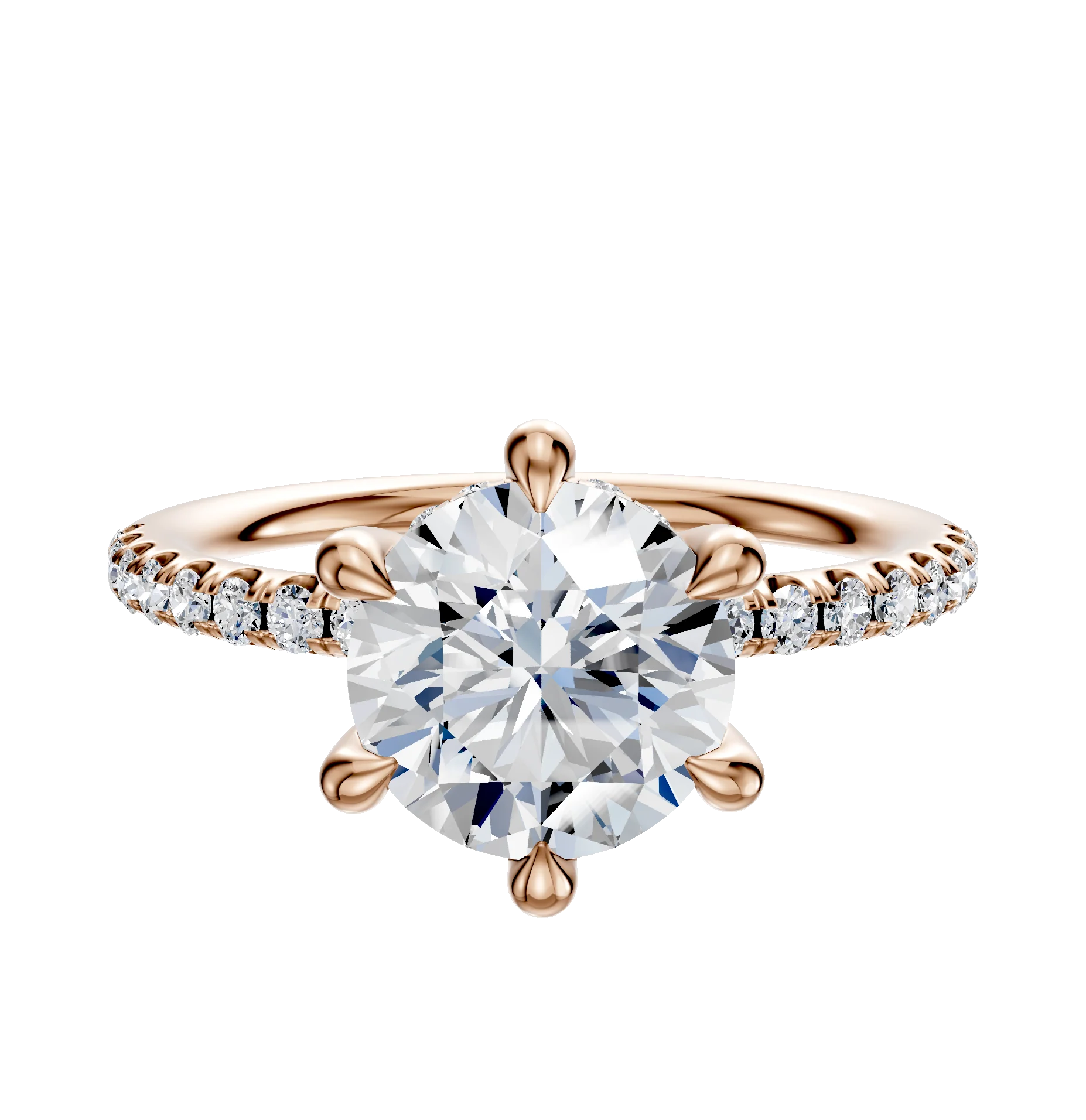 14K Rose Gold 6 Prong Hidden Halo Classic Dome 1-Row-Pave 2.5mm Engagement Ring