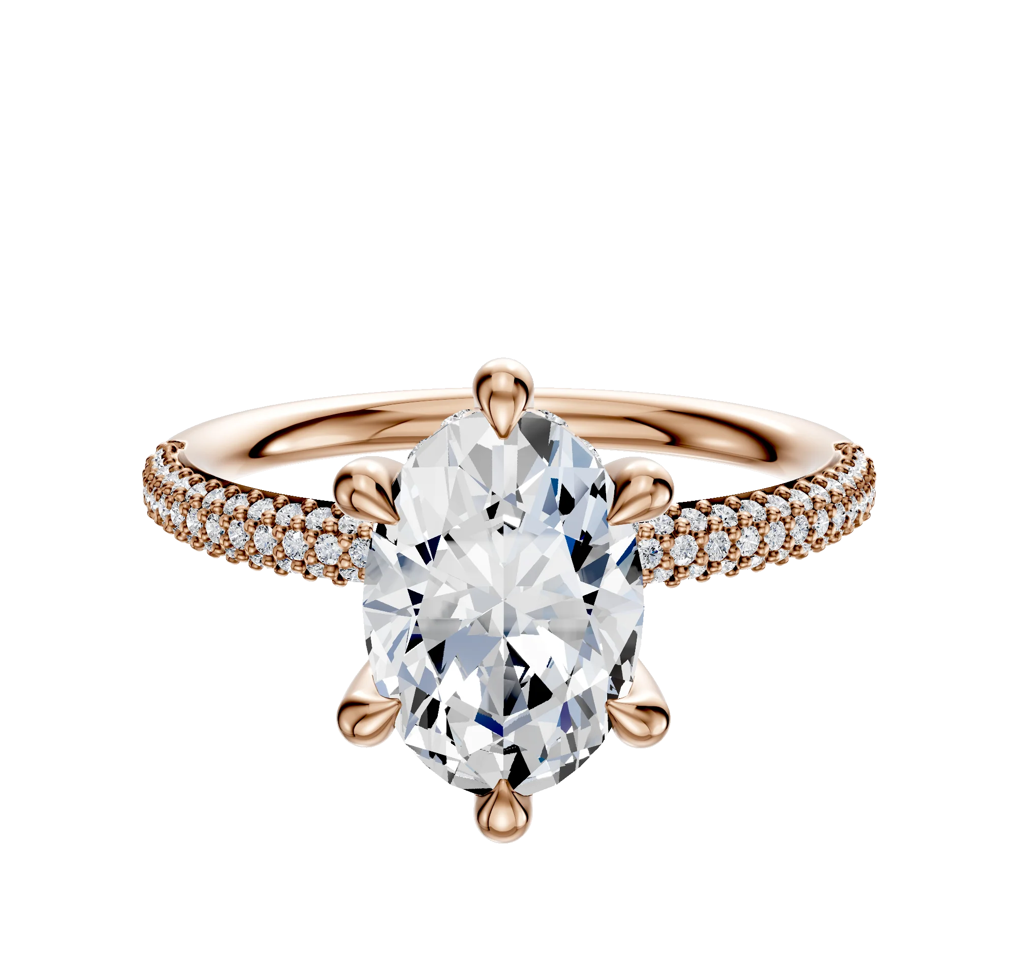 14K Rose Gold 6 Prong Hidden Halo Classic Dome 3-Row-Pave 2.0mm Engagement Ring