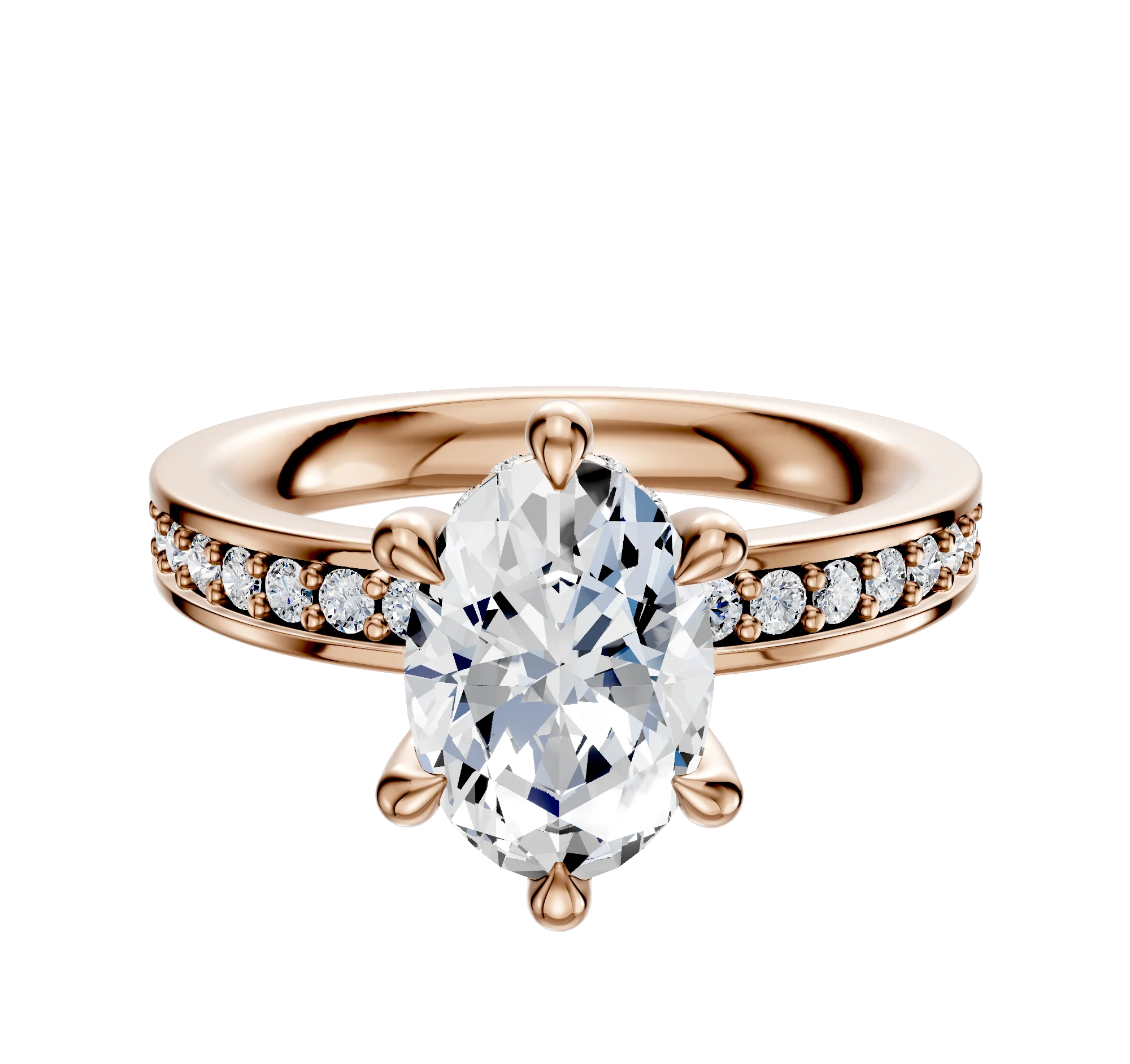14K Rose Gold 6 Prong Hidden Halo Classic Flat 1-Row-Pave 2.5mm Engagement Ring