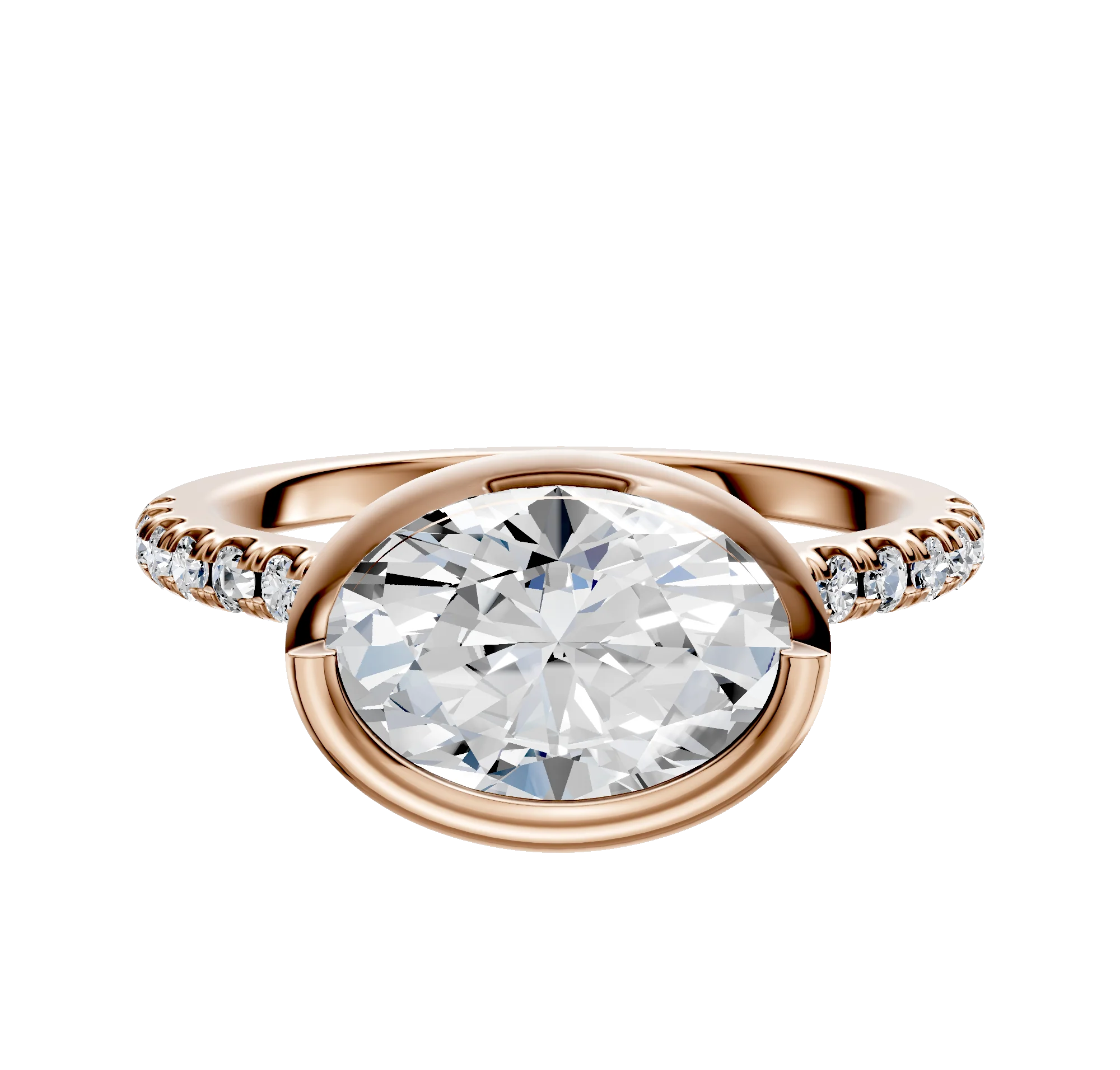 14K Rose Gold Bezel Full Bezel East/West Cathedral Dome 1-Row-Pave 2.5mm Engagement Ring