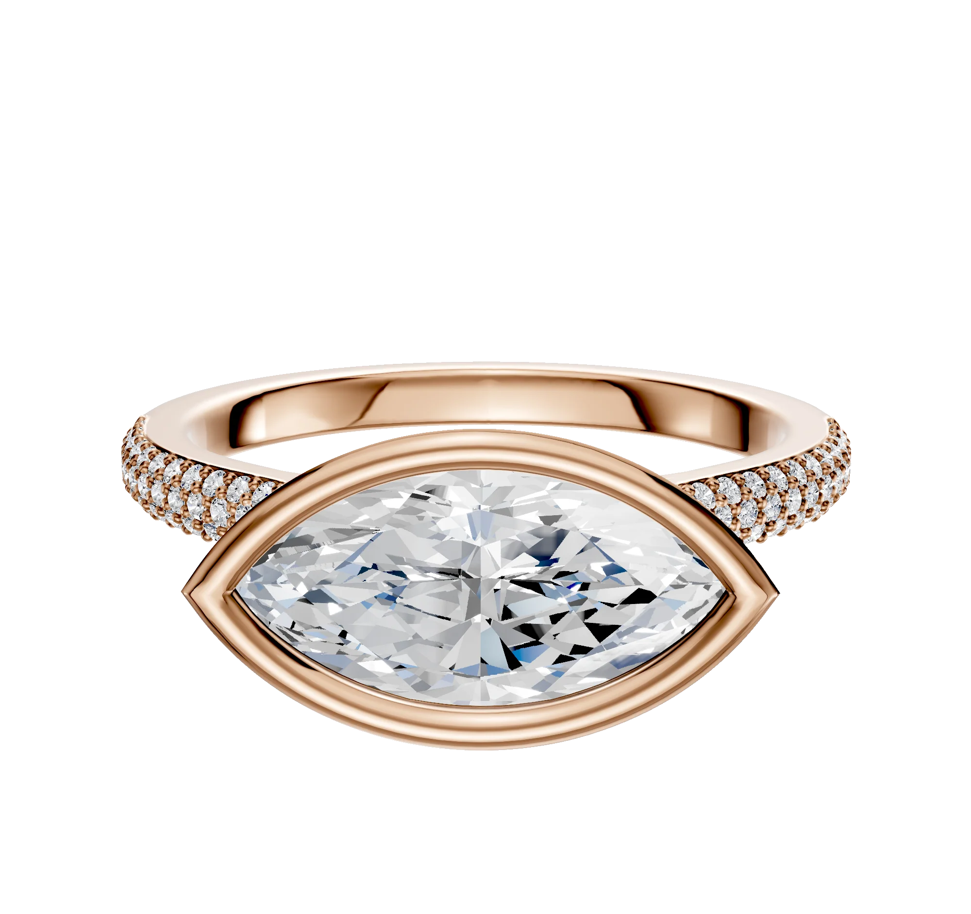 14K Rose Gold Bezel Full Bezel East/West Cathedral Dome 3-Row-Pave 2.0mm Engagement Ring