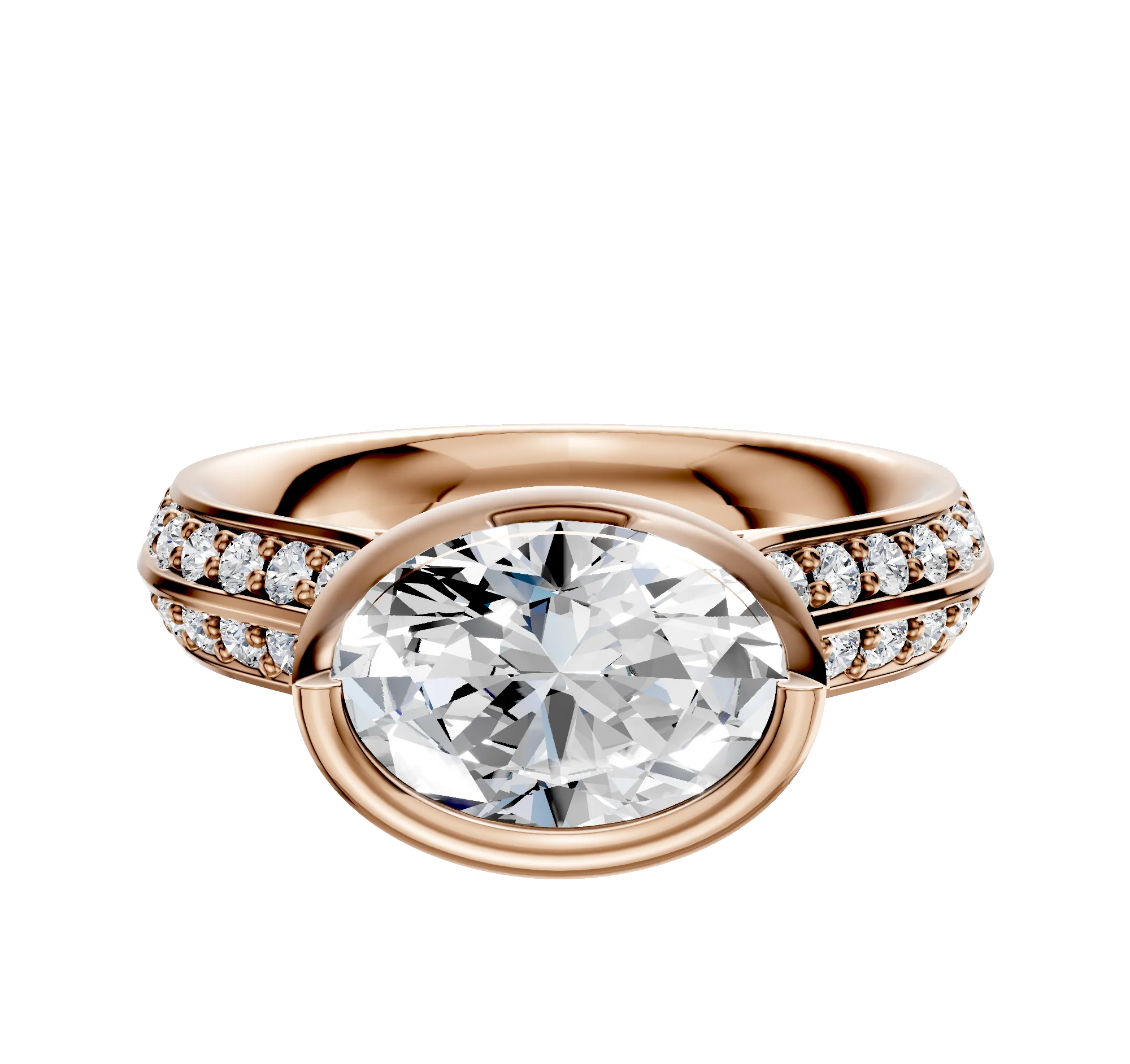 14K Rose Gold Bezel Full Bezel East/West Cathedral Knife Edge 1-Row-Pave 2.5mm Engagement Ring
