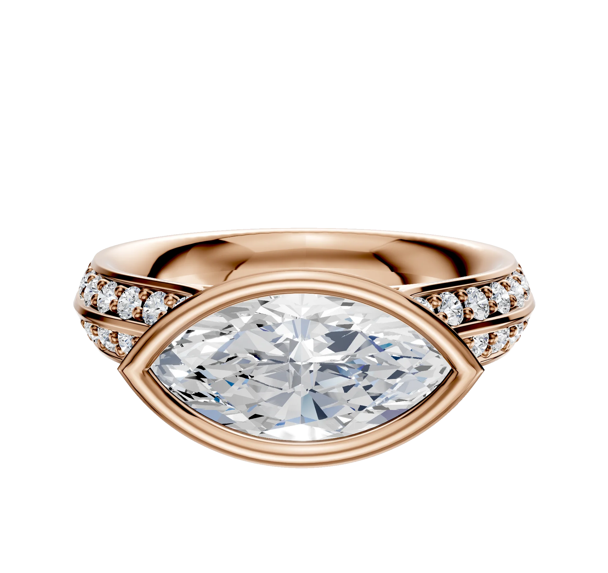 14K Rose Gold Bezel Full Bezel East/West Cathedral Knife Edge 1-Row-Pave 2.5mm Engagement Ring