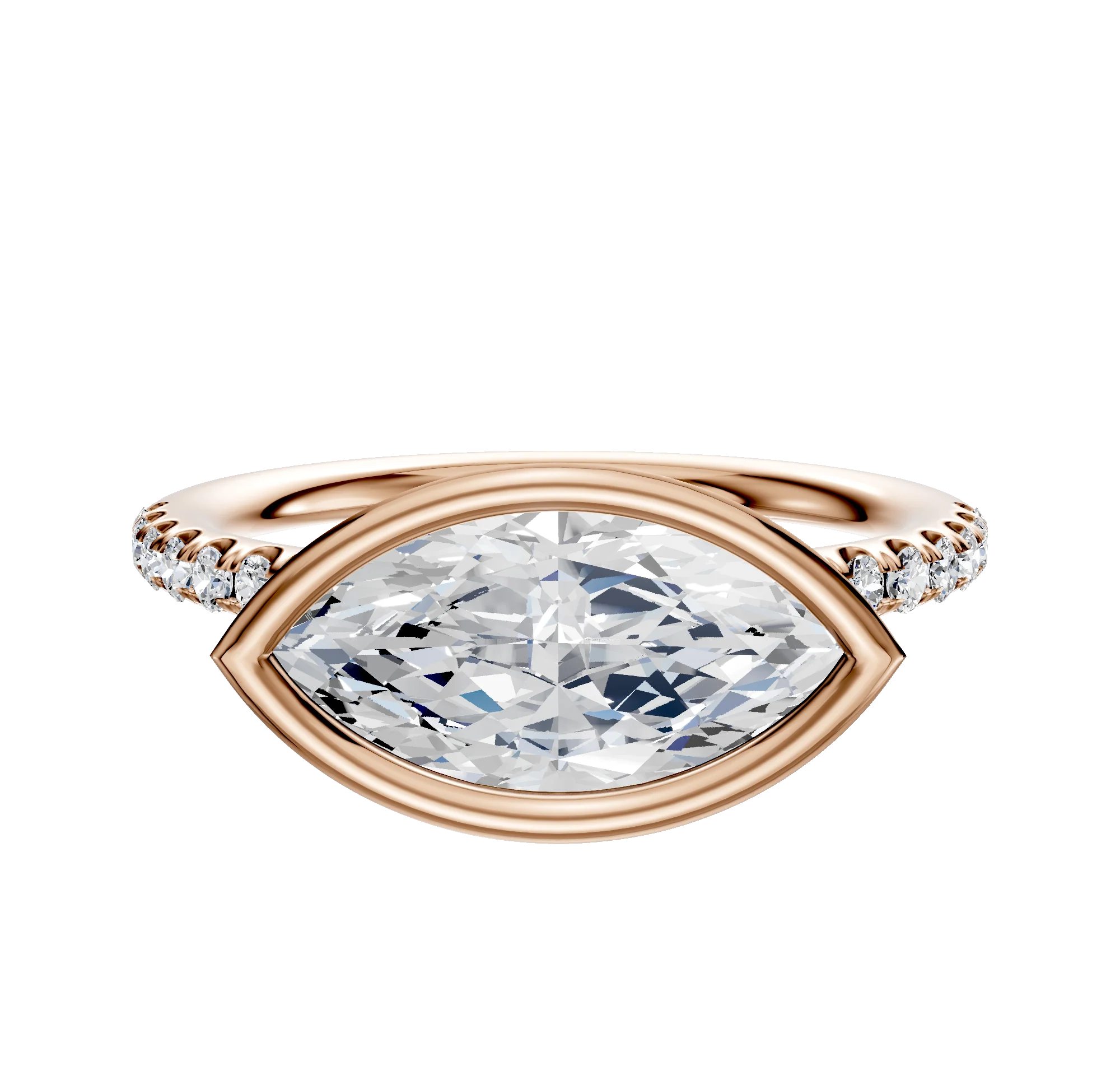 14K Rose Gold Bezel Full Bezel East/West Classic Dome 1-Row-Pave 2.5mm Engagement Ring