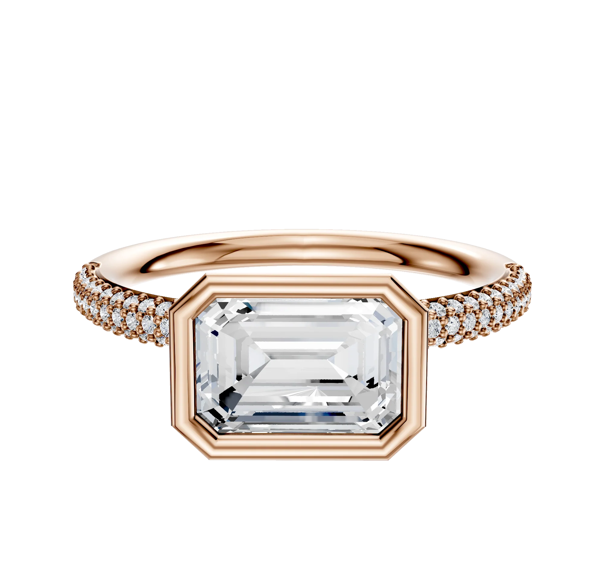 14K Rose Gold Bezel Full Bezel East/West Classic Dome 3-Row-Pave 2.0mm Engagement Ring