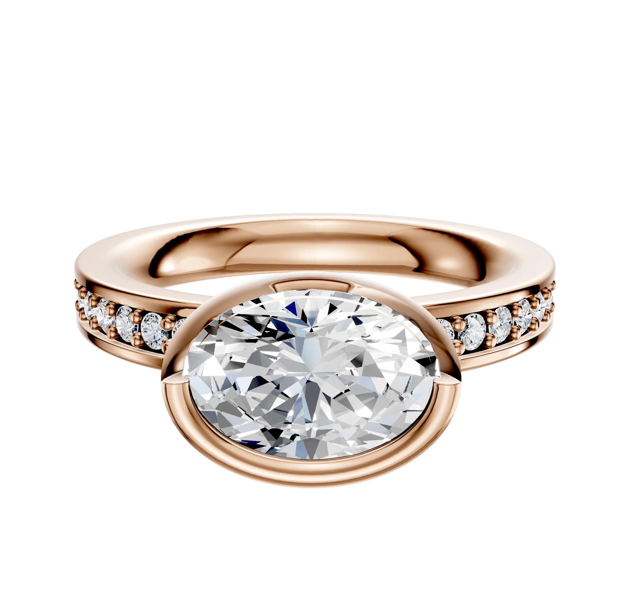 14K Rose Gold Bezel Full Bezel East/West Classic Flat 1-Row-Pave 2.5mm Engagement Ring