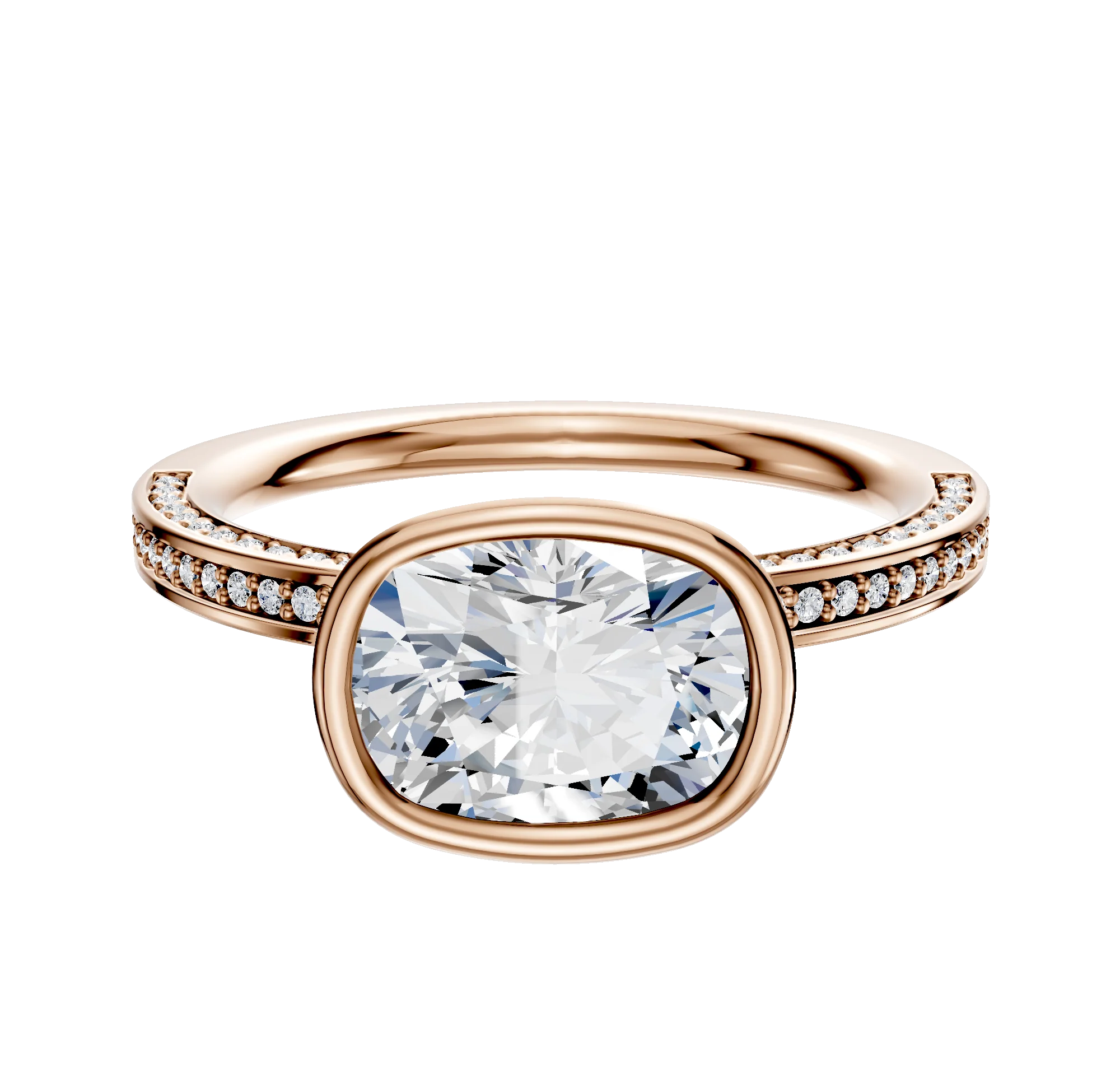 14K Rose Gold Bezel Full Bezel East/West Classic Flat 3-Row-Pave 2.0mm Engagement Ring