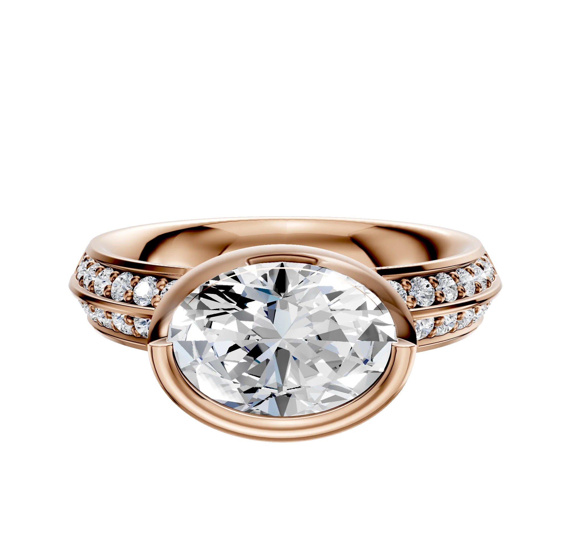 14K Rose Gold Bezel Full Bezel East/West Classic Knife Edge 1-Row-Pave 2.5mm Engagement Ring