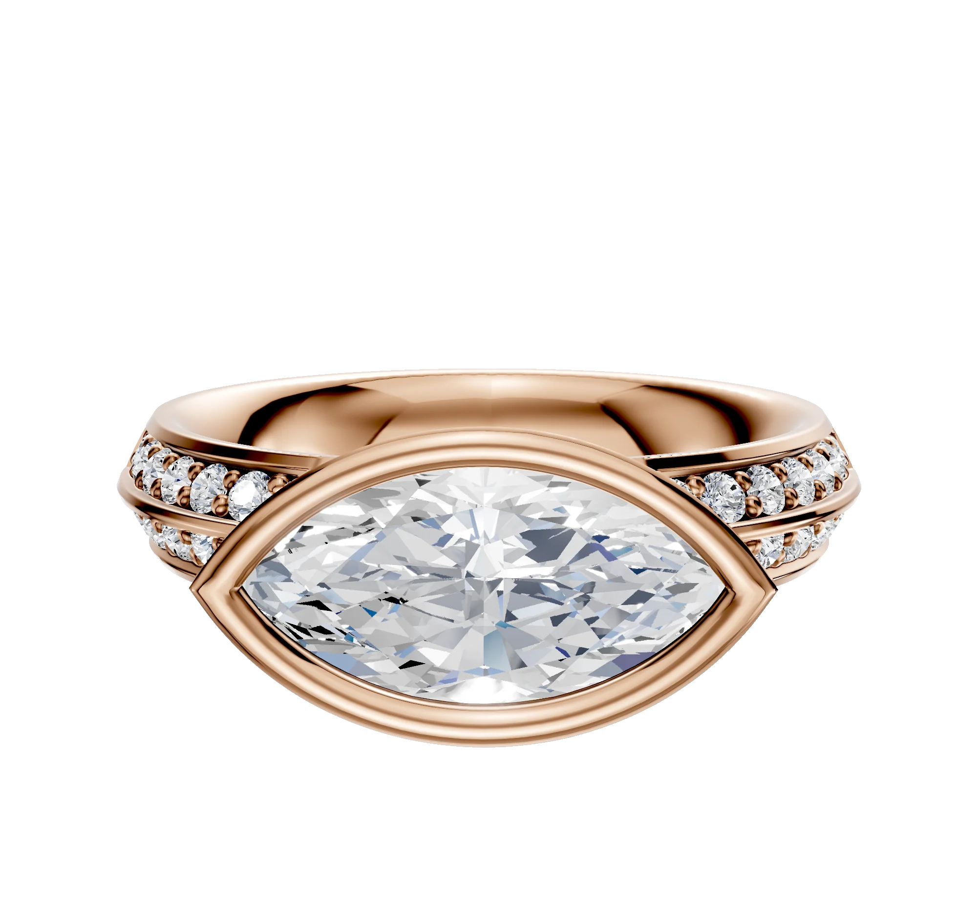 14K Rose Gold Bezel Full Bezel East/West Classic Knife Edge 1-Row-Pave 2.5mm Engagement Ring