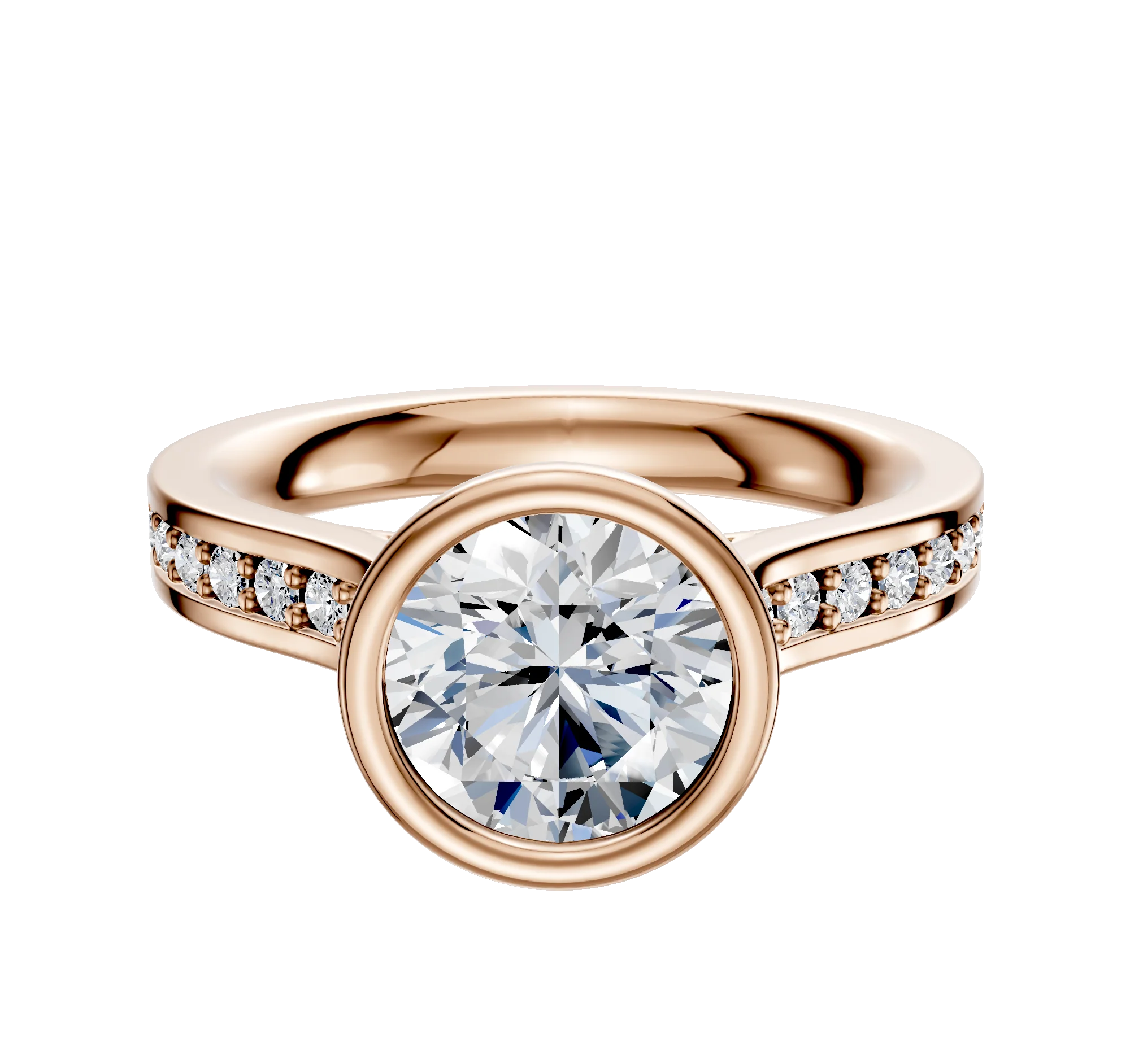 14K Rose Gold Bezel Full Bezel North/South Cathedral Flat 1-Row-Pave 2.5mm Engagement Ring