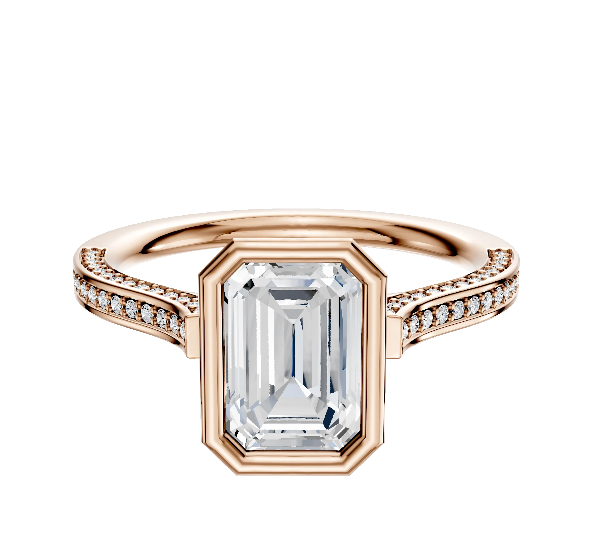 14K Rose Gold Bezel Full Bezel North/South Cathedral Flat 3-Row-Pave 2.0mm Engagement Ring