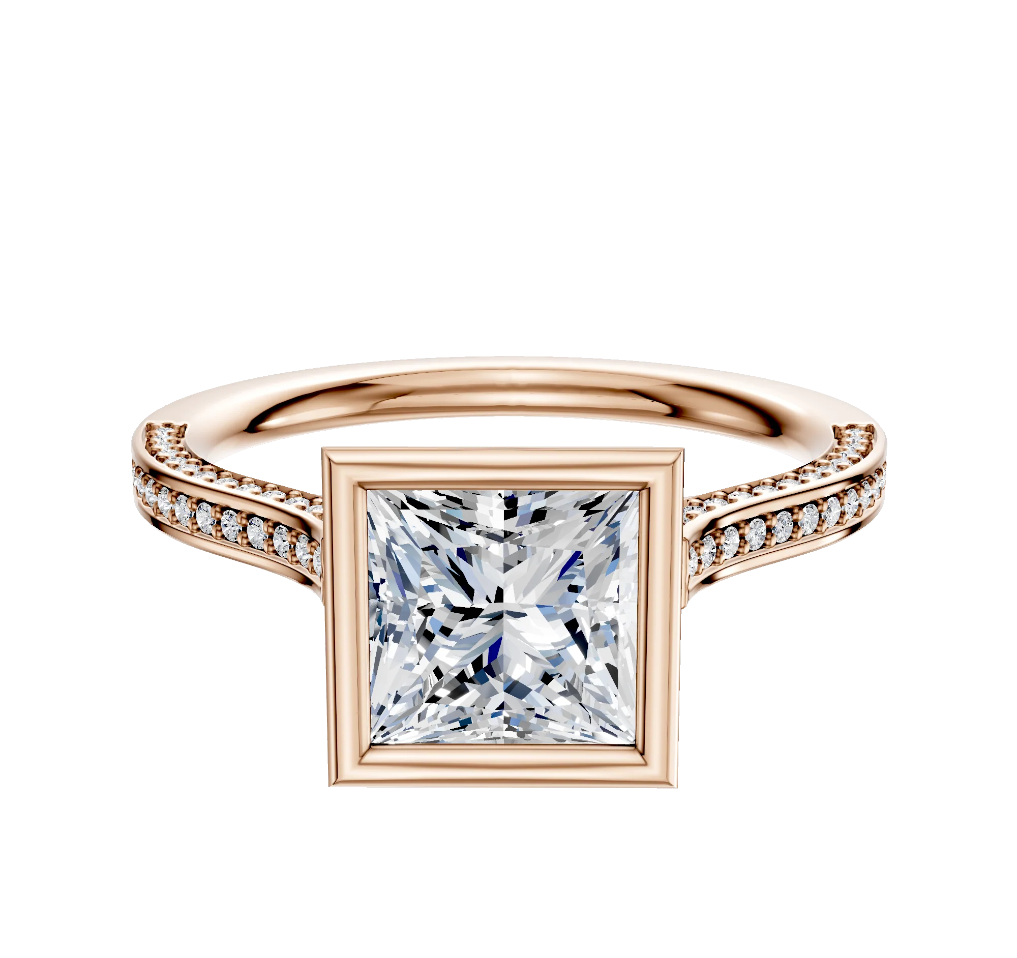 14K Rose Gold Bezel Full Bezel North/South Cathedral Flat 3-Row-Pave 2.0mm Engagement Ring