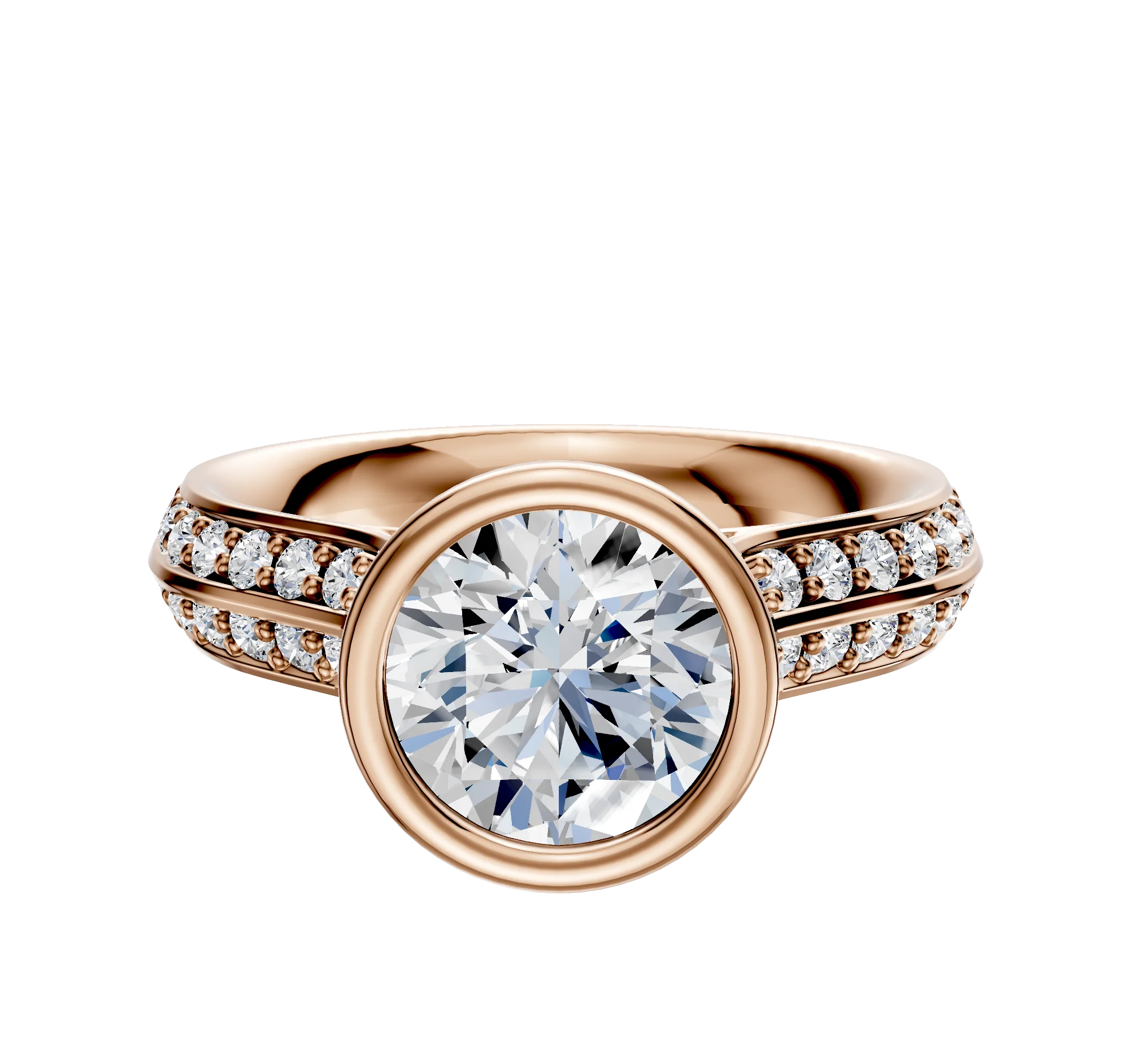 14K Rose Gold Bezel Full Bezel North/South Cathedral Knife Edge 1-Row-Pave 2.5mm Engagement Ring
