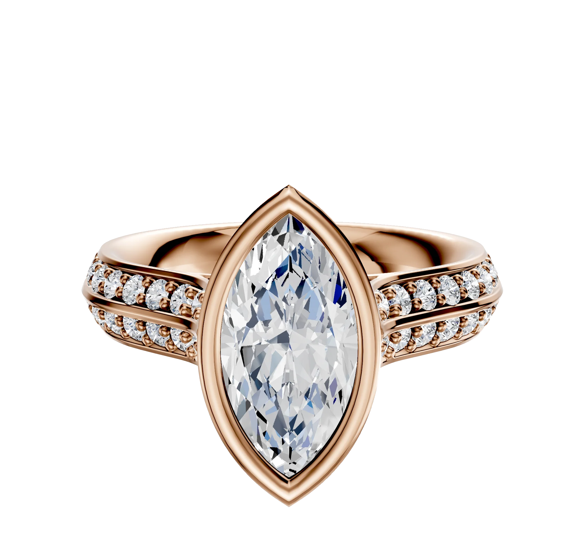 14K Rose Gold Bezel Full Bezel North/South Cathedral Knife Edge 1-Row-Pave 2.5mm Engagement Ring
