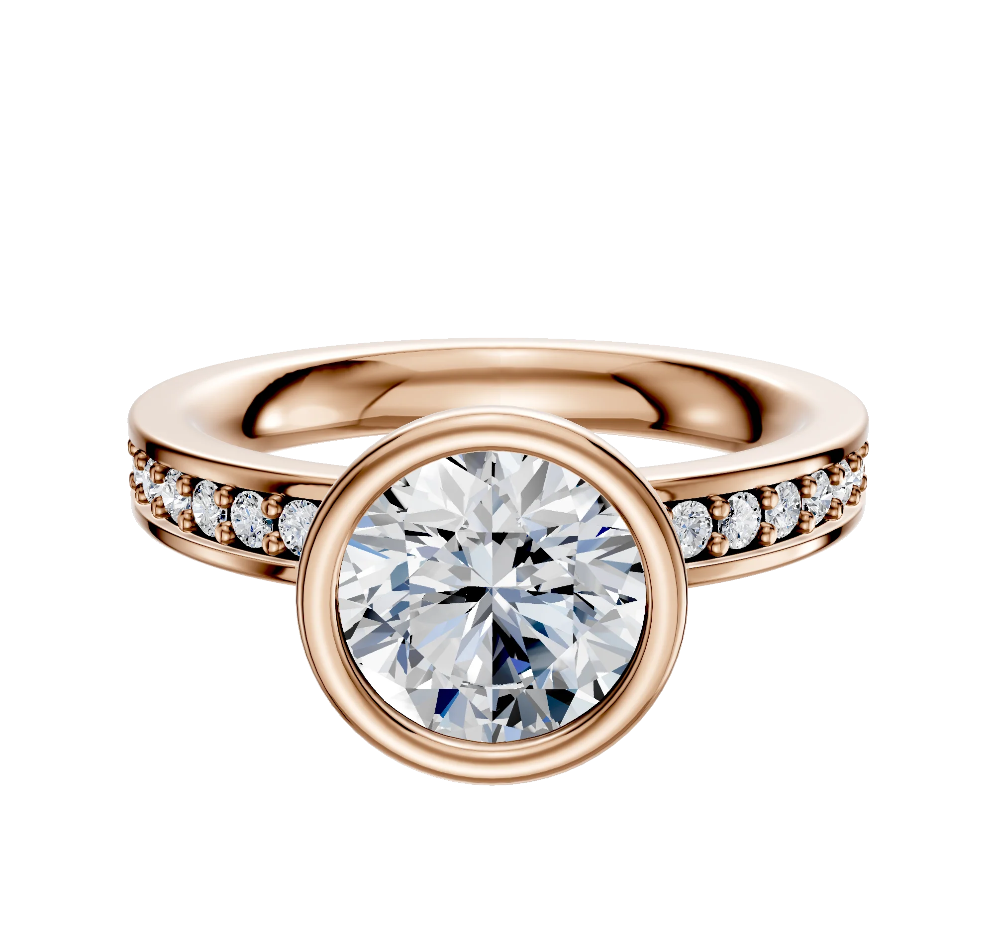14K Rose Gold Bezel Full Bezel North/South Classic Flat 1-Row-Pave 2.5mm Engagement Ring