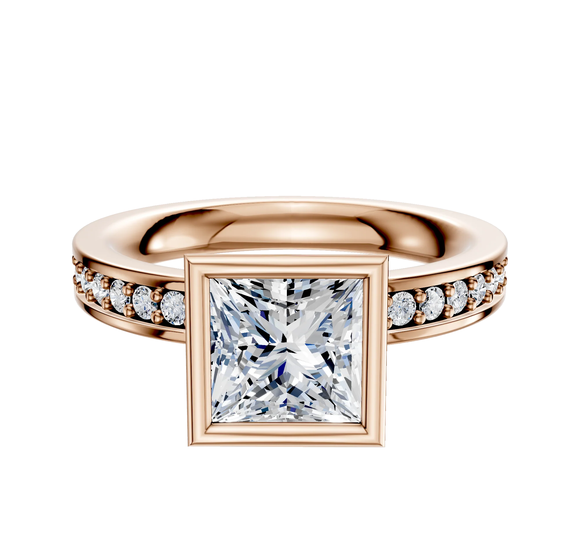14K Rose Gold Bezel Full Bezel North/South Classic Flat 1-Row-Pave 2.5mm Engagement Ring