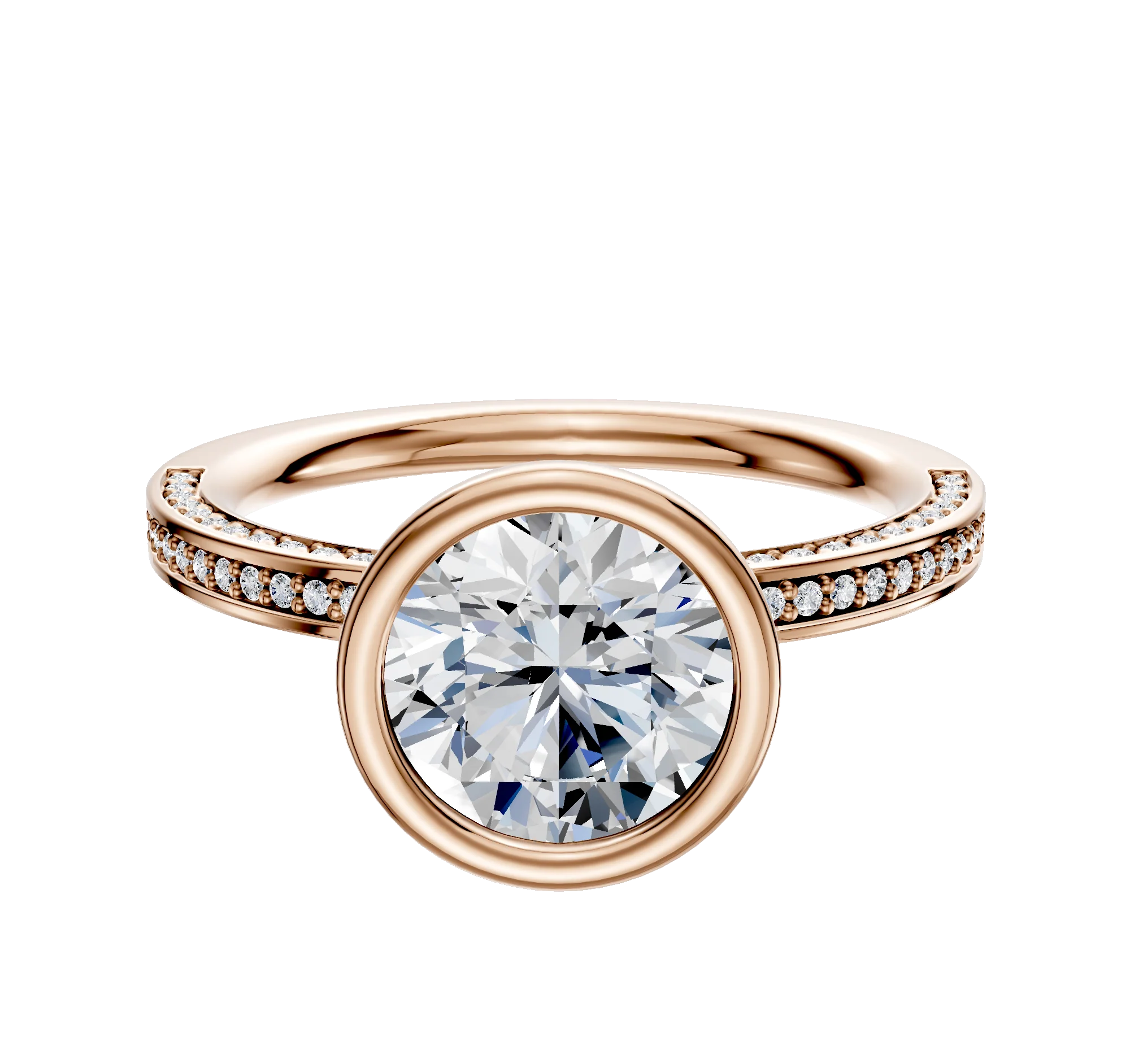 14K Rose Gold Bezel Full Bezel North/South Classic Flat 3-Row-Pave 2.0mm Engagement Ring