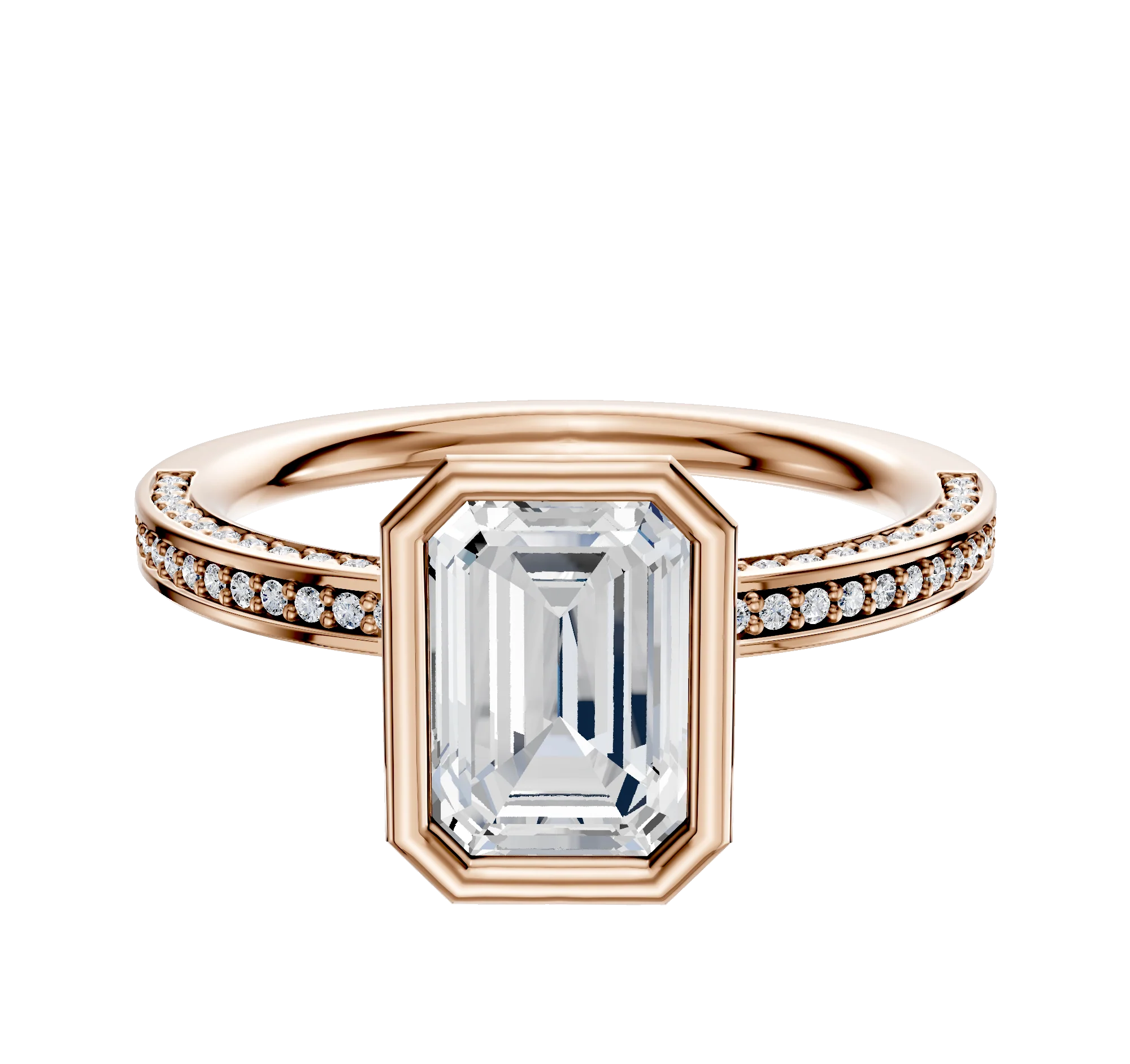 14K Rose Gold Bezel Full Bezel North/South Classic Flat 3-Row-Pave 2.0mm Engagement Ring