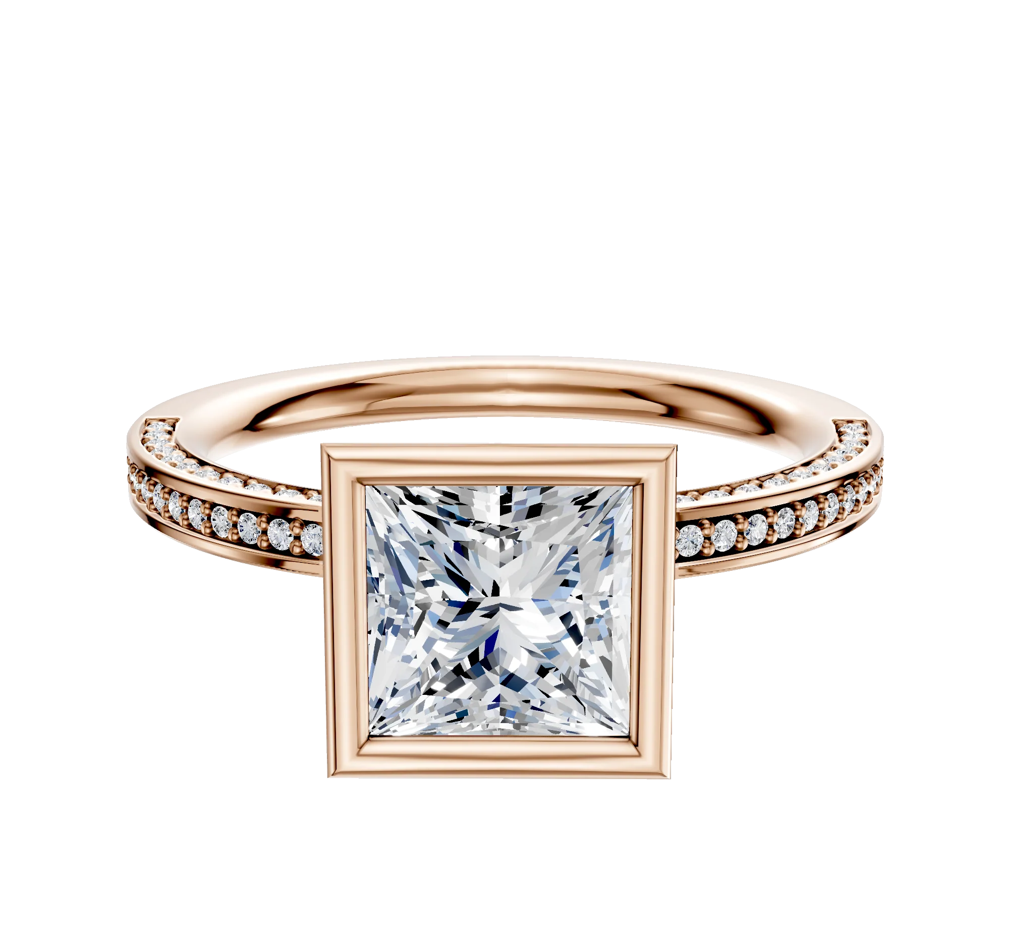 14K Rose Gold Bezel Full Bezel North/South Classic Flat 3-Row-Pave 2.0mm Engagement Ring