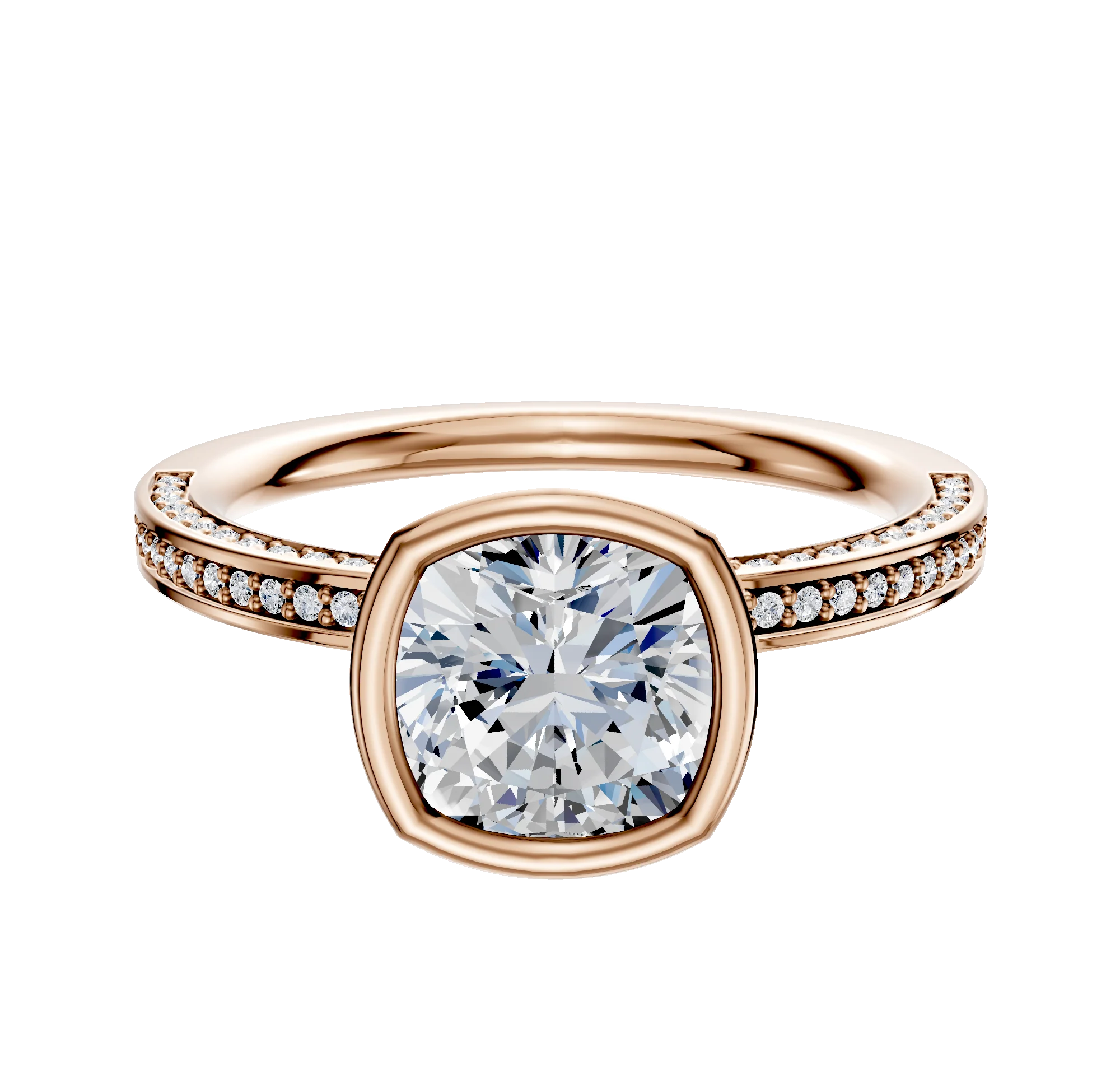 14K Rose Gold Bezel Full Bezel North/South Classic Flat 3-Row-Pave 2.0mm Engagement Ring