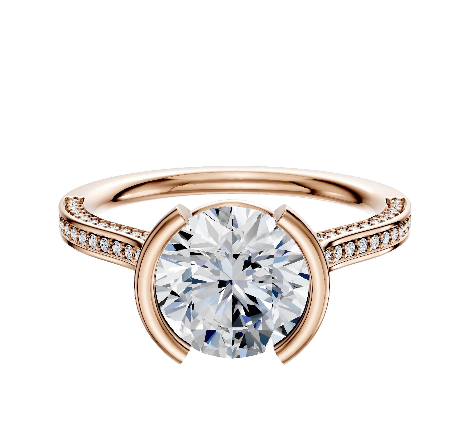 14K Rose Gold Bezel Half Bezel North/South Cathedral Flat 3-Row-Pave 2.0mm Engagement Ring