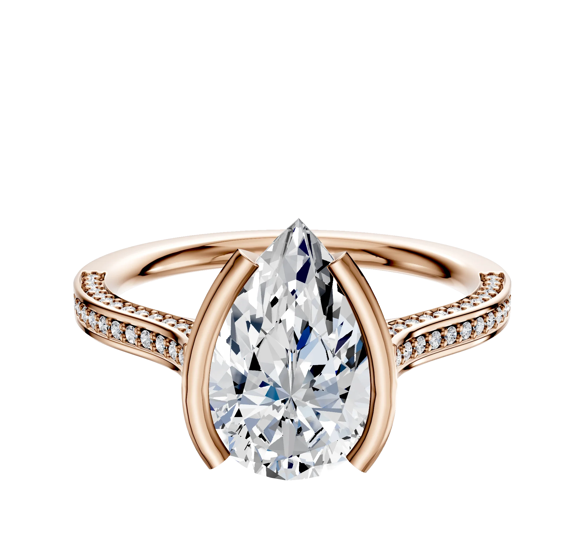 14K Rose Gold Bezel Half Bezel North/South Cathedral Flat 3-Row-Pave 2.0mm Engagement Ring