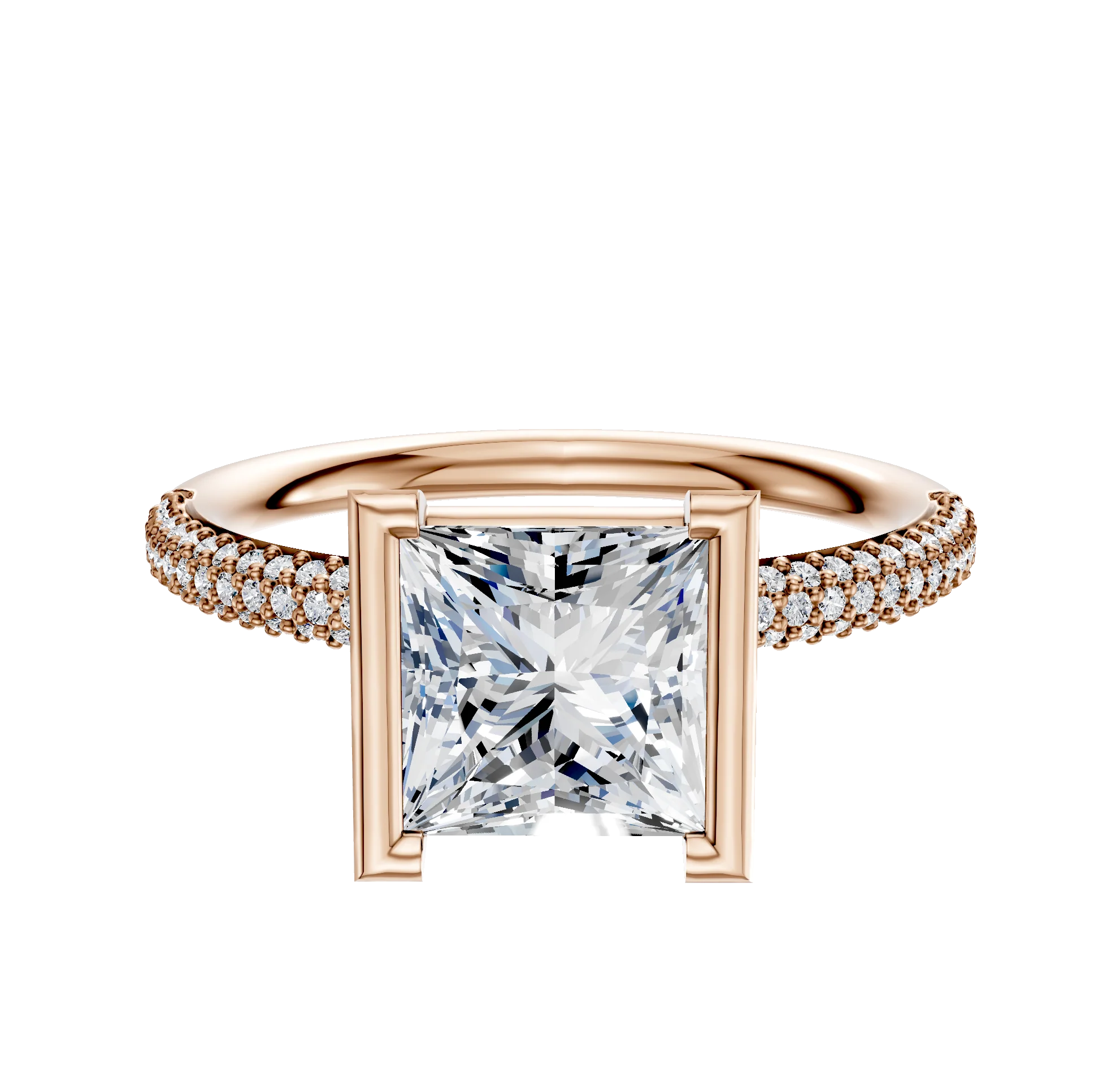 14K Rose Gold Bezel Half Bezel North/South Classic Dome 3-Row-Pave 2.0mm Engagement Ring