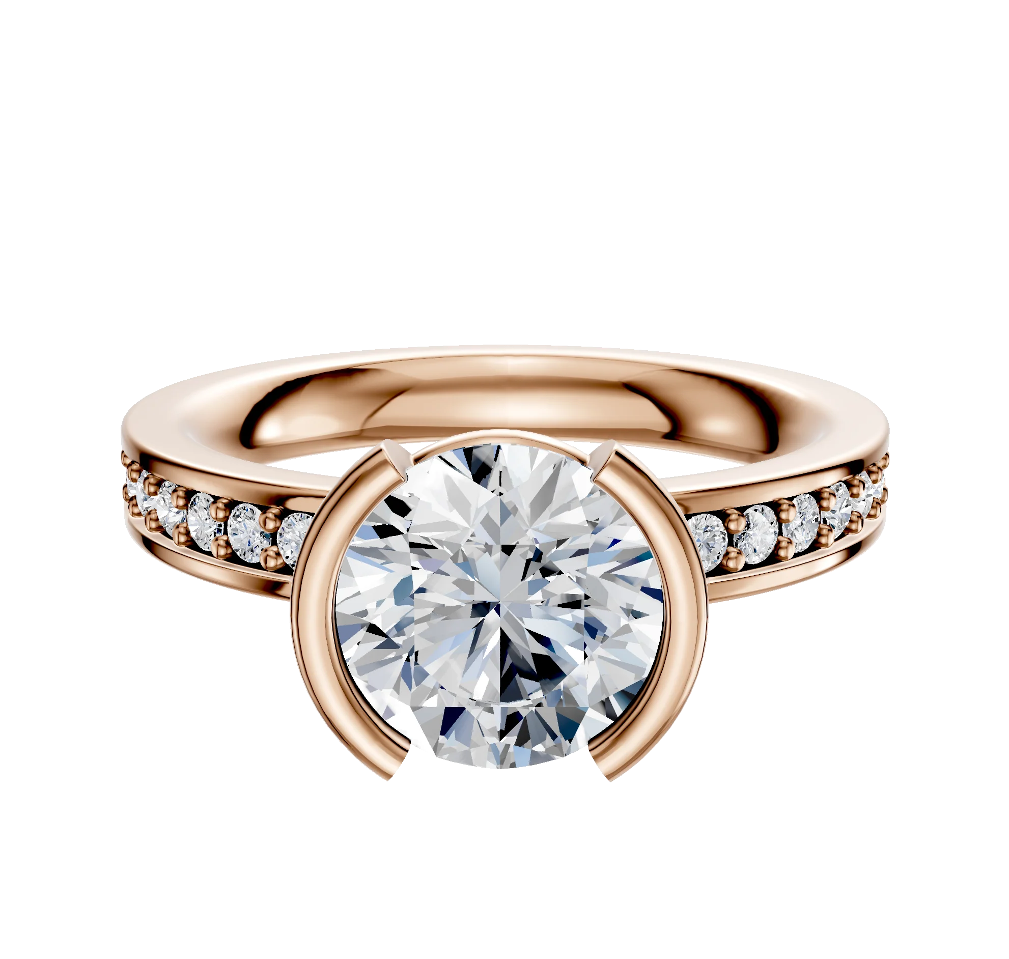 14K Rose Gold Bezel Half Bezel North/South Classic Flat 1-Row-Pave 2.5mm Engagement Ring